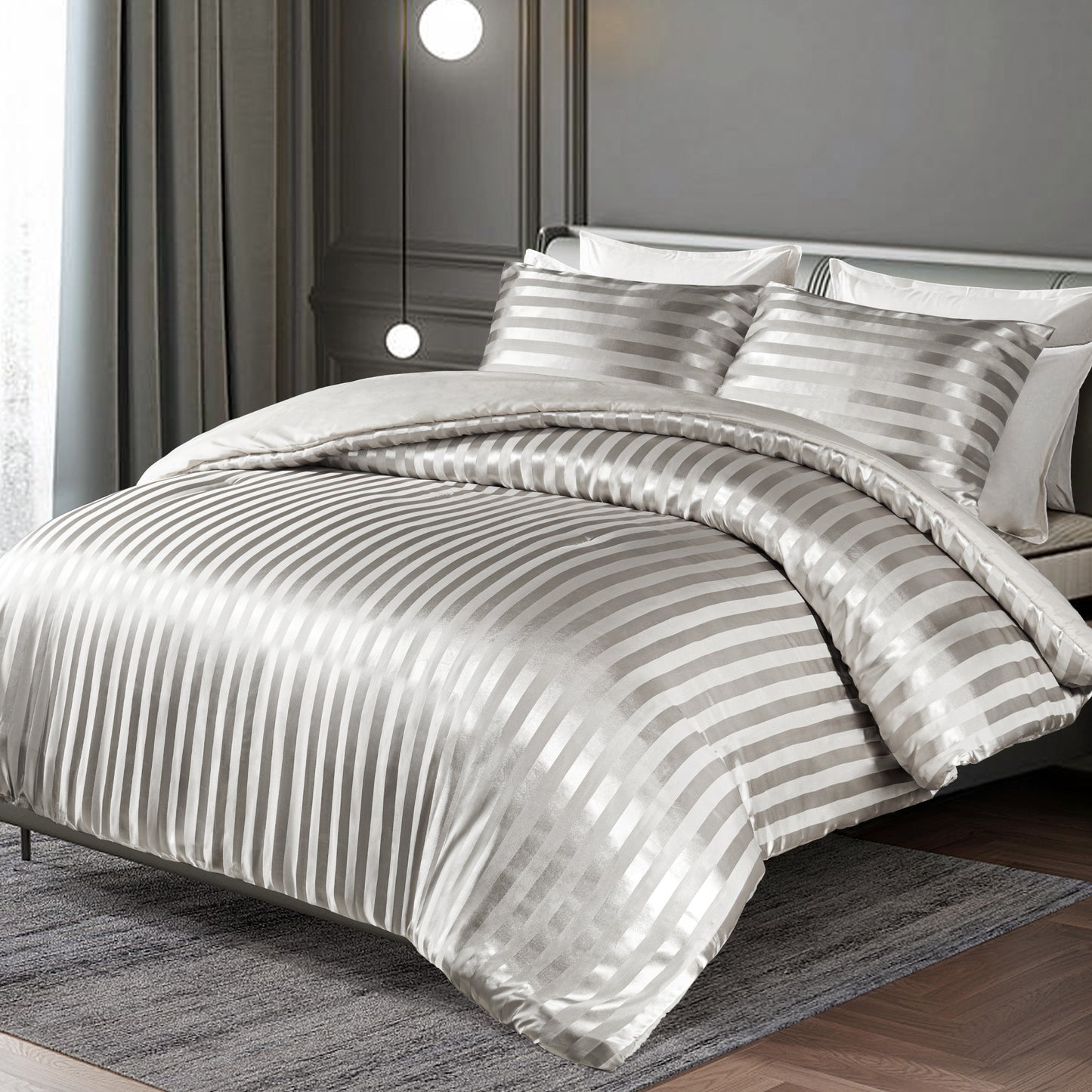 Whale Flotilla 3-Piece Reversible Silky Soft King Size Comforter Set, Luxury Stripe Satin Oversized Comforter Bedding Set with 2 Satin Pillowcases, Lightweight Duvet for All Seasons, Grey