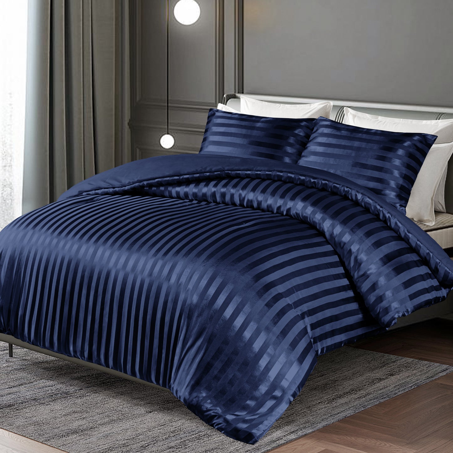 Whale Flotilla 3-Piece Reversible Silky Soft King Size Comforter Set, Luxury Stripe Satin Oversized Comforter Bedding Set with 2 Satin Pillowcases, Lightweight Duvet for All Seasons, Navy