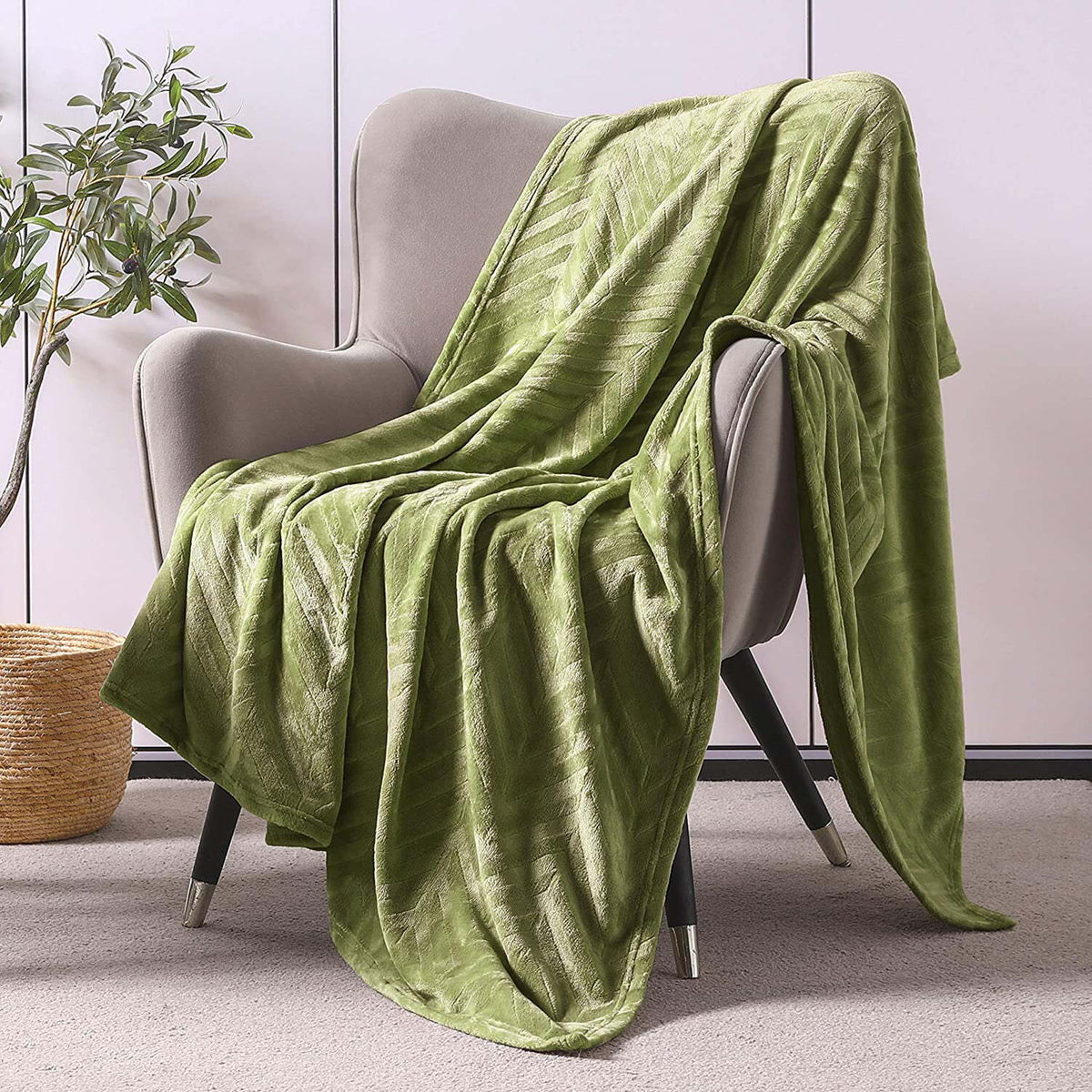 Whale Flotilla Soft Flannel Fleece Lightweight Throw Blanket(50"x60"), Brushed Chevron Design Fluffy Plush Cozy Blanket for All Seasons, Olive Green