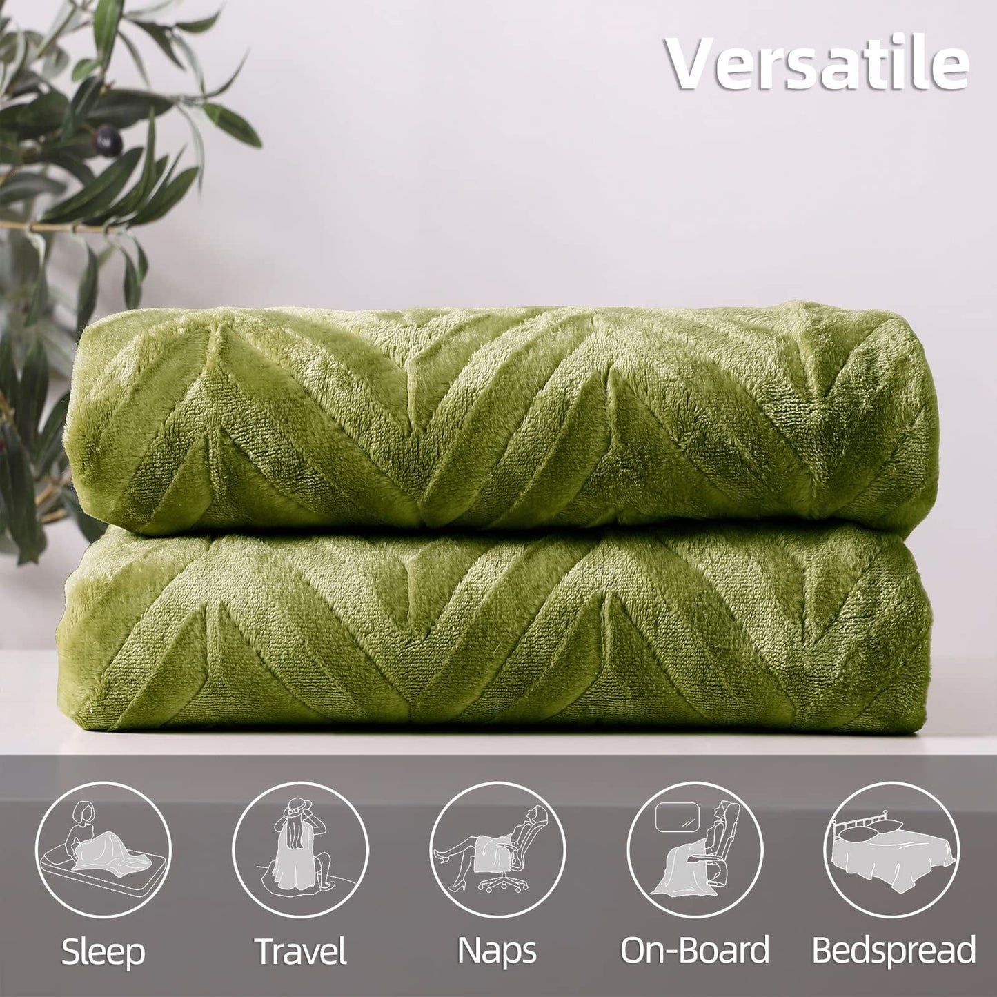 Whale Flotilla Flannel Fleece Twin Size 60x80 Inch Bed Blanket, Soft Velvet Lightweight Bedspread Plush Fluffy Coverlet Chevron Design Decorative Blanket for All Season, Olive Green