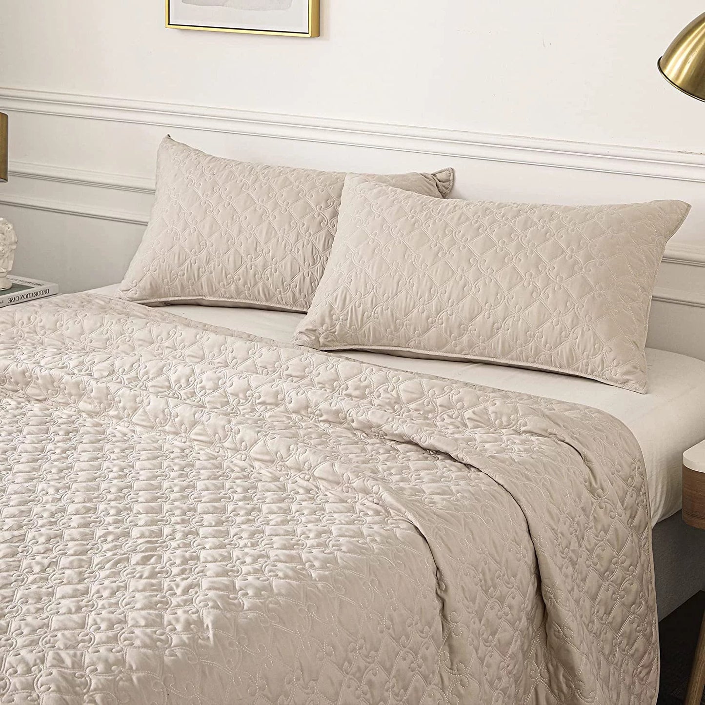 Whale Flotilla Quilt Set Twin Size, Soft Microfiber Lightweight Bedspread Coverlet Bed Cover (Diamond Pattern) for All Seasons, Brich Beige, 2 Pieces (Includes 1 Quilt, 1 Sham