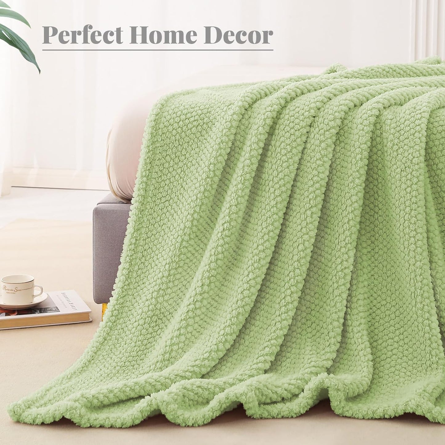 Whale Flotilla Queen Size Fuzzy Fleece Blanket, Fluffy Warm Soft Jacquard Bed Blankets for Fall Winter, Lightweight and Cozy, 90x90 Inch, Light Green