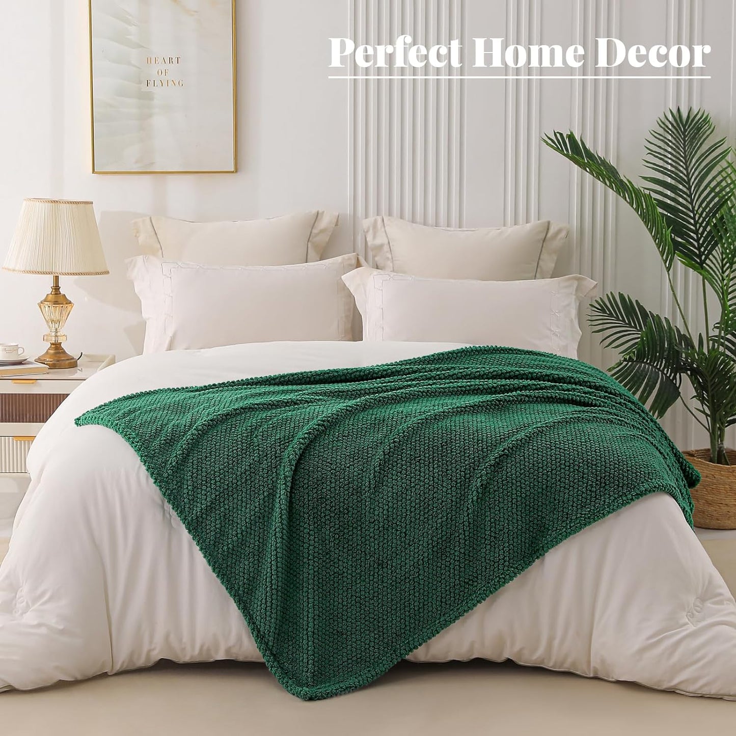 Whale Flotilla Queen Size Fuzzy Fleece Blanket, Fluffy Warm Soft Jacquard Bed Blankets for Fall Winter, Lightweight and Cozy, 90x90 Inch, Deep Green
