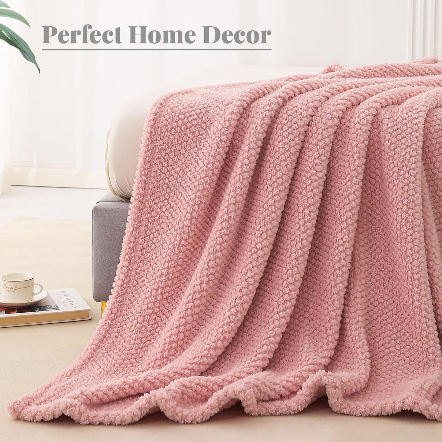 Whale Flotilla Twin Size Fuzzy Fleece Blanket, Fluffy Warm Soft Jacquard Bed Blankets for Fall Winter, Lightweight and Cozy, 60x80 Inch, Pink