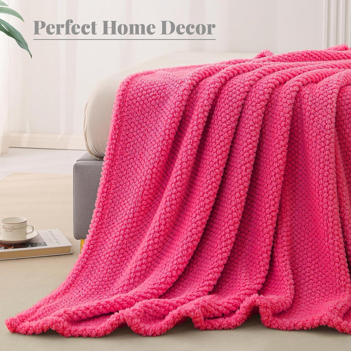 Whale Flotilla Twin Size Fuzzy Fleece Blanket, Fluffy Warm Soft Jacquard Bed Blankets for Fall Winter, Lightweight and Cozy, 60x80 Inch, Hot Pink