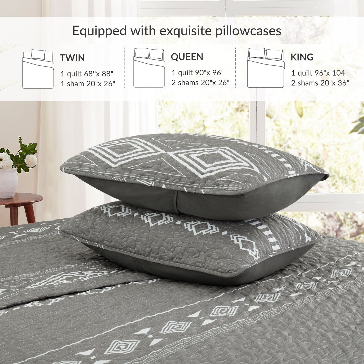 Whale Flotilla Reversible Ultra Soft Printed Quilts Queen Size, Lightweight Patchwork Geometric Stripes Bedspreads Coverlets Queen Quilt Bedding Set with 2 Pillow Shams for All Seasons, Deep Grey
