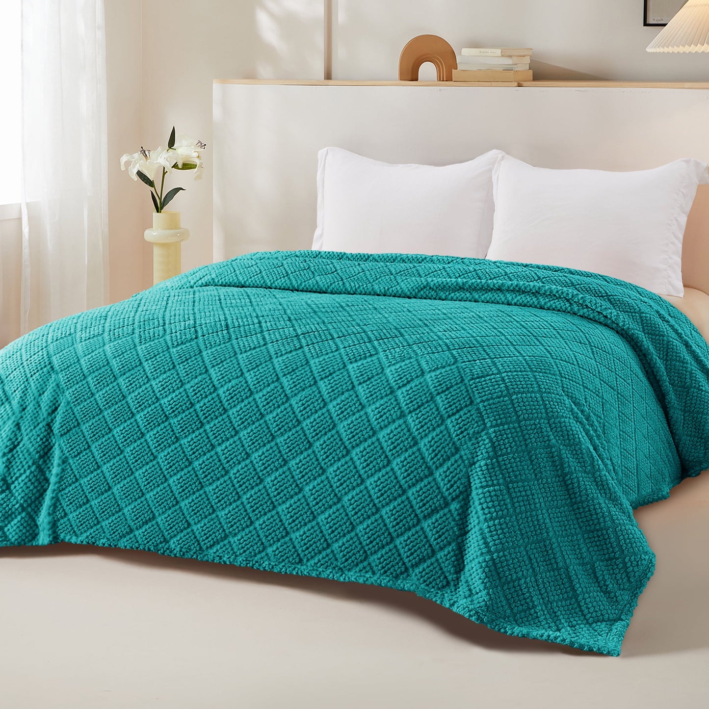 Whale Flotilla Fuzzy Fleece King Size Blanket for Bed, Soft Fluffy Jacquard Waffle Blankets for All Season, Lightweight and Warm, 90x104 Inch, Teal