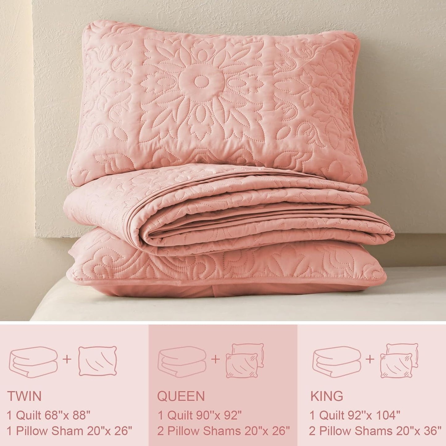 Whale Flotilla 2-Piece Twin Quilt Set, Soft Embossed Bedding Set, Lightweight Bedspread Coverlet with Damask Vintage Pattern, Reversible Bed Cover for All Seasons, BlushPink