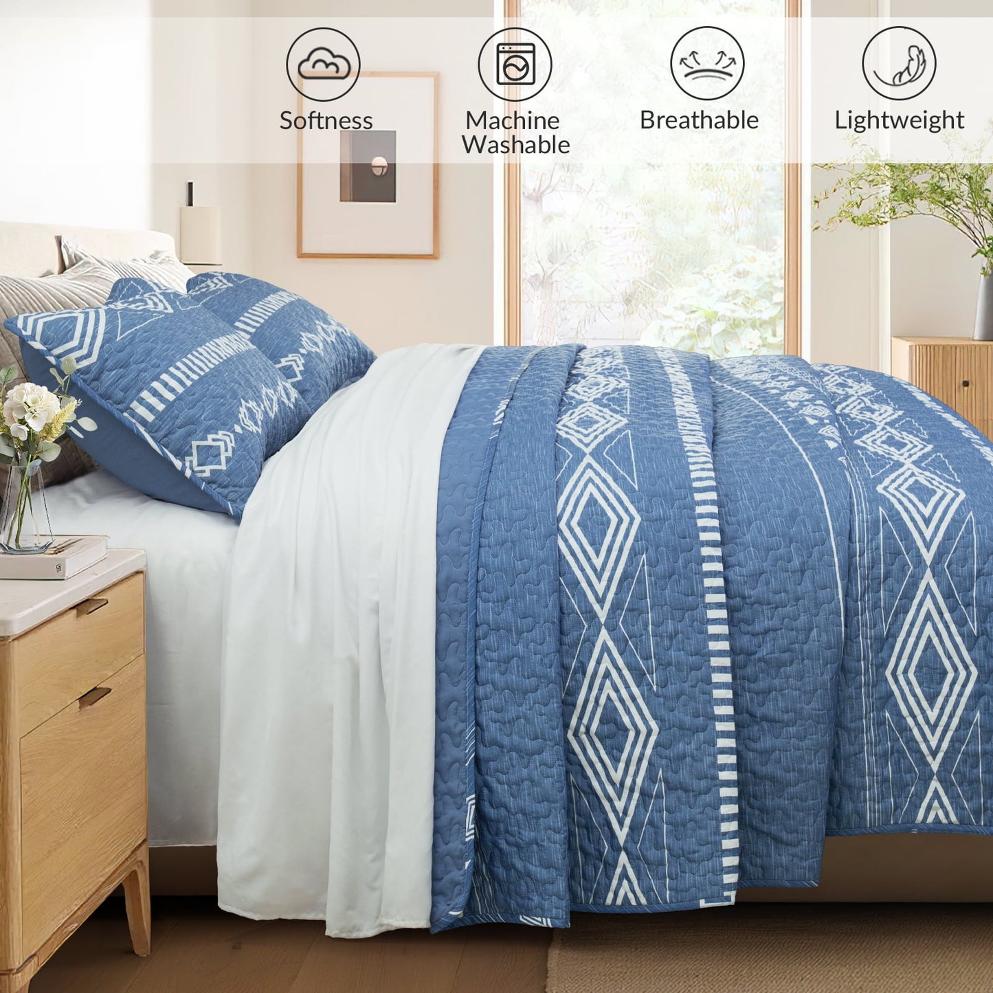 Whale Flotilla Reversible Ultra Soft Printed Quilts Twin Size, Lightweight Patchwork Geometric Stripes Bedspreads Coverlets Twin Quilt Bedding Set with 1 Pillow Sham for All Seasons, Bluish Grey