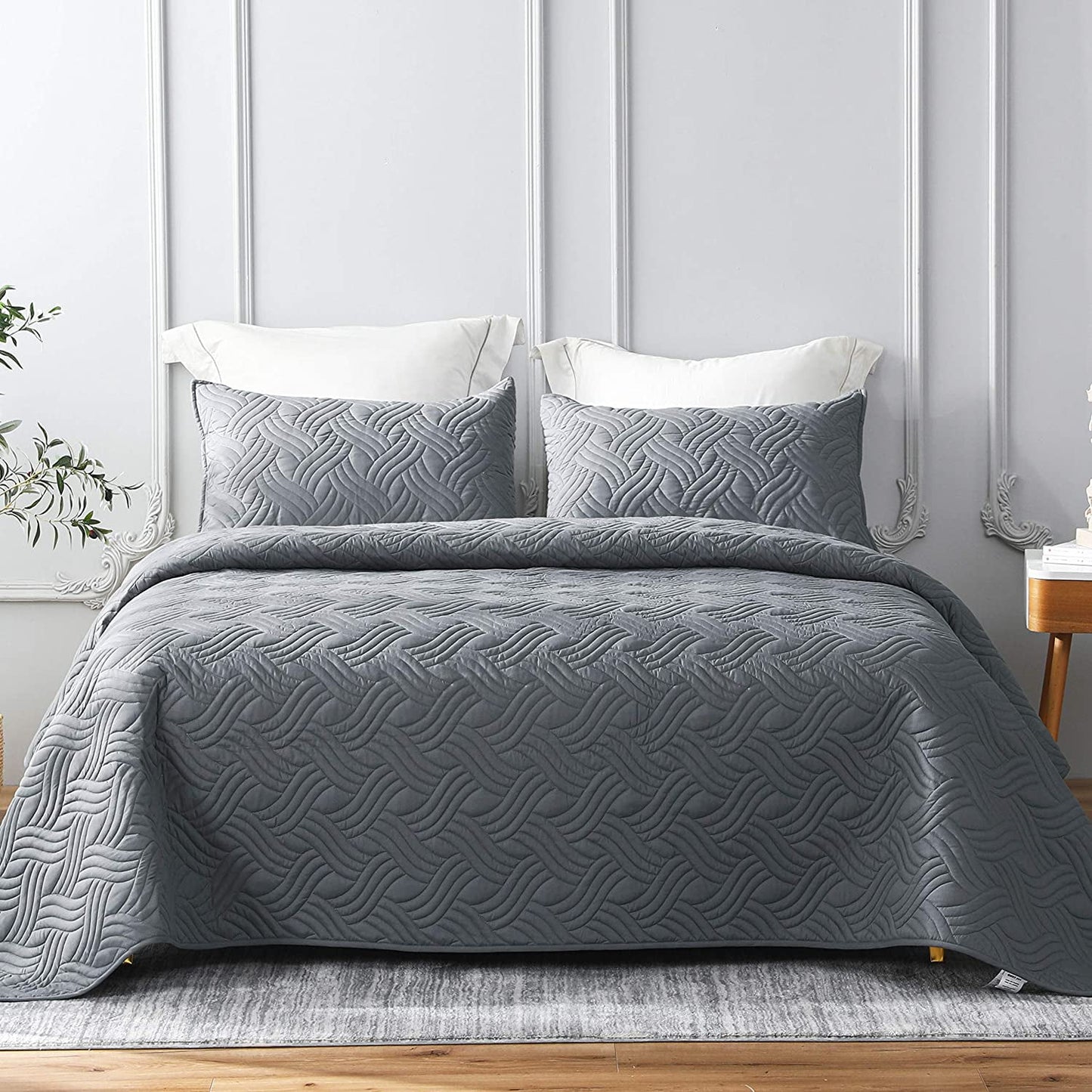 Whale Flotilla Quilt Set Twin Size, Soft Microfiber Lightweight Bedspread Coverlet Bed Cover (Wave Pattern) for All Seasons, Dark Grey, 3 Pieces (Includes 1 Quilt, 2 Shams)