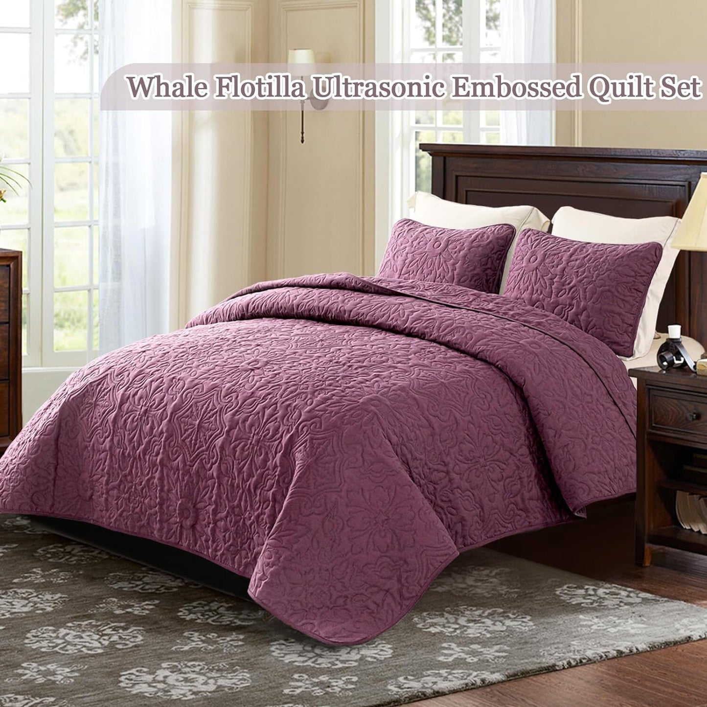 Whale Flotilla 2-Piece Twin Quilt Set, Soft Embossed Bedding Set, Lightweight Bedspread Coverlet with Damask Vintage Pattern, Reversible Bed Cover for All Seasons, Dusty Lavender