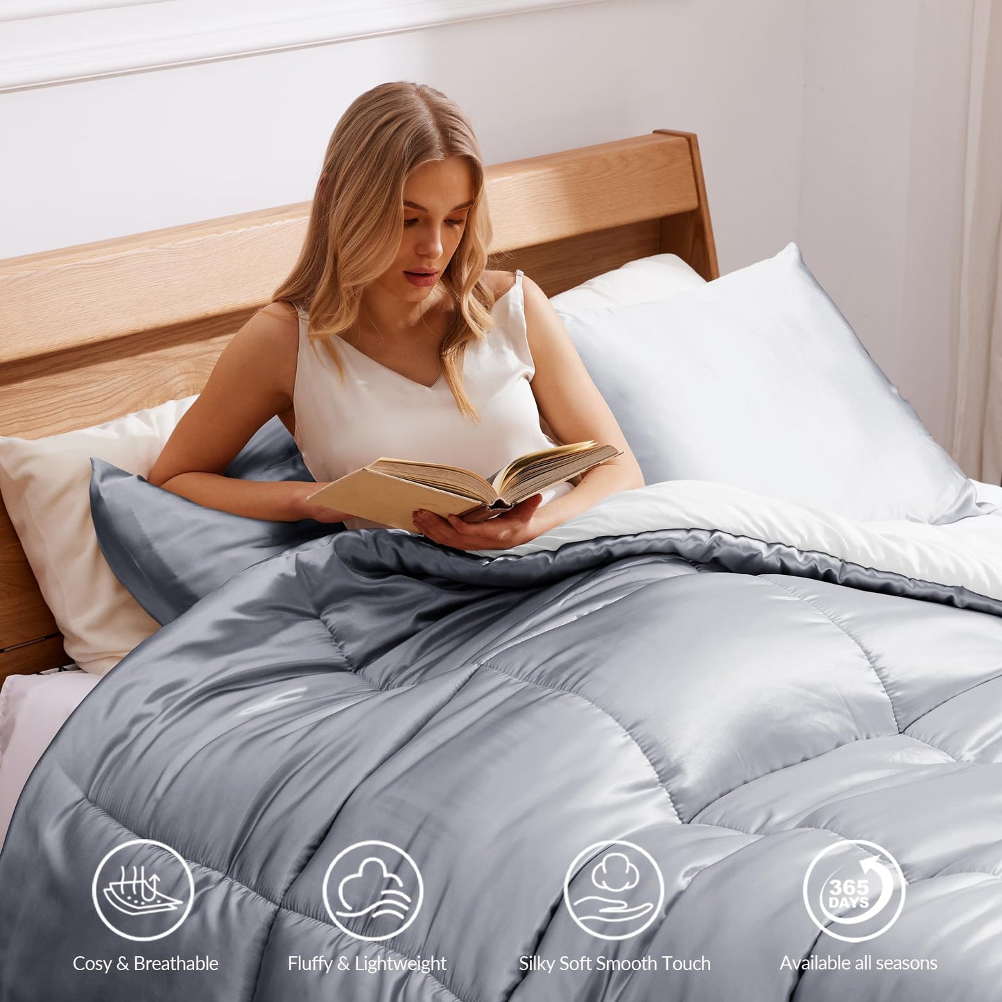 Whale Flotilla 3-Piece Reversible Queen Size Comforter Set/ Bedding Set, Soft Satin Comforter with 2 Satin Pillowcases, Lightweight Duvet Set for All Seasons, Grey