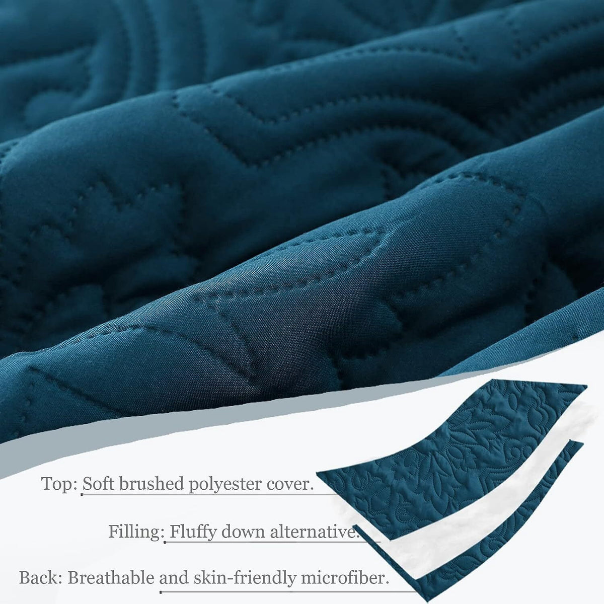 Whale Flotilla 3-Piece Queen Quilt Set, Soft Embossed Bedding Set, Lightweight Bedspread Coverlet with Damask Vintage Pattern, Reversible Bed Cover for All Seasons, Blue