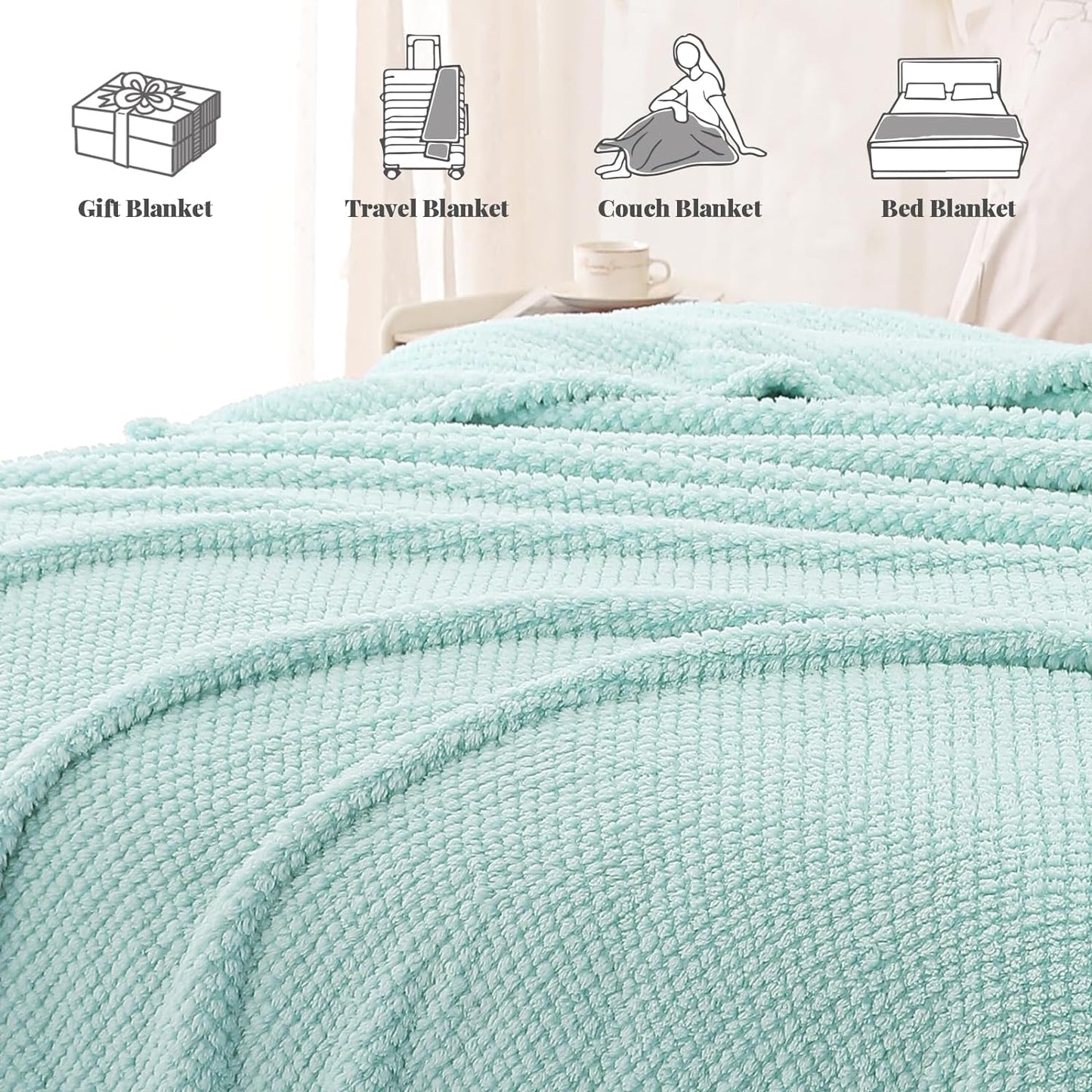 Whale Flotilla Twin Size Fuzzy Fleece Blanket, Fluffy Warm Soft Jacquard Bed Blankets for Fall Winter, Lightweight and Cozy, 60x80 Inch, Light Blue
