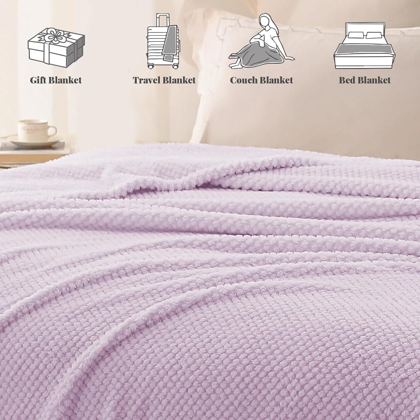 Whale Flotilla Twin Size Fuzzy Fleece Blanket, Fluffy Warm Soft Jacquard Bed Blankets for Fall Winter, Lightweight and Cozy, 60x80 Inch, Lilac