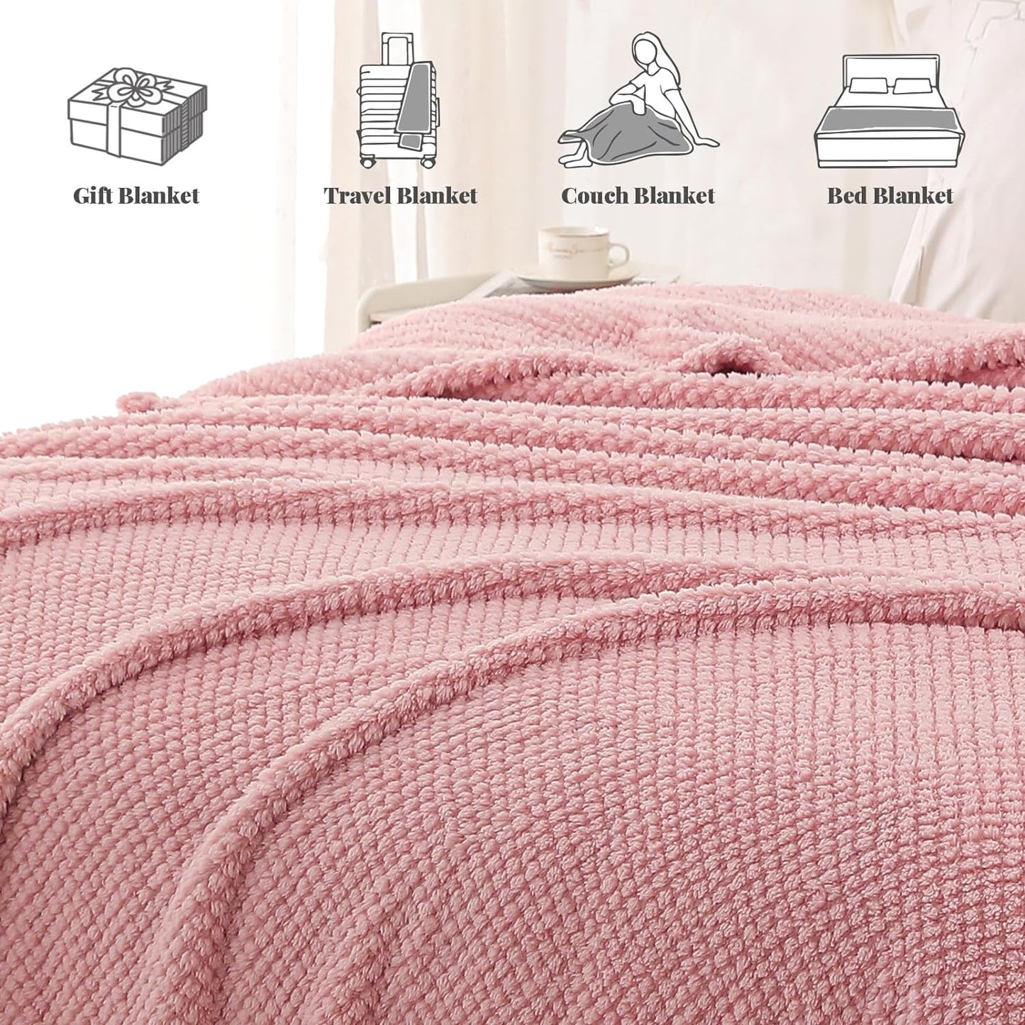 Whale Flotilla Twin Size Fuzzy Fleece Blanket, Fluffy Warm Soft Jacquard Bed Blankets for Fall Winter, Lightweight and Cozy, 60x80 Inch, Pink