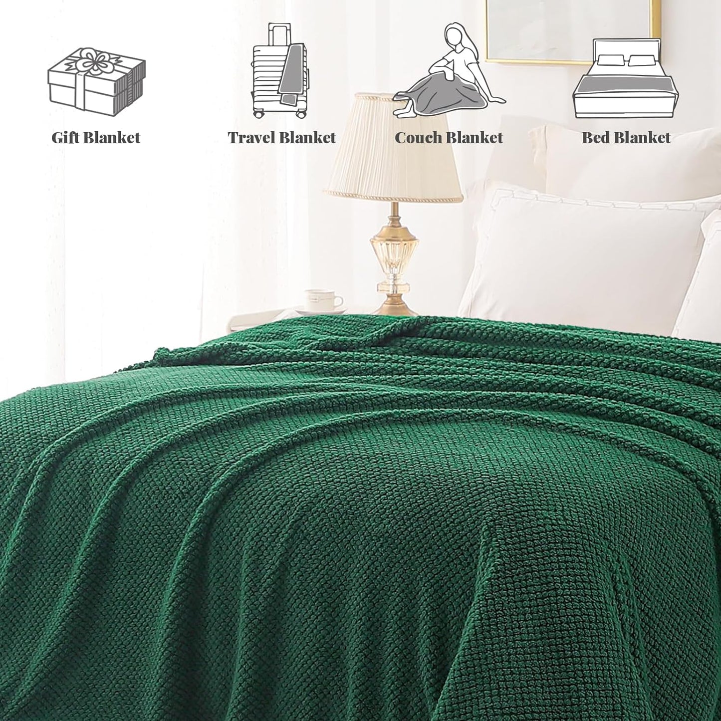 Whale Flotilla Twin Size Fuzzy Fleece Blanket, Fluffy Warm Soft Jacquard Bed Blankets for Fall Winter, Lightweight and Cozy, 60x80 Inch, Deep Green