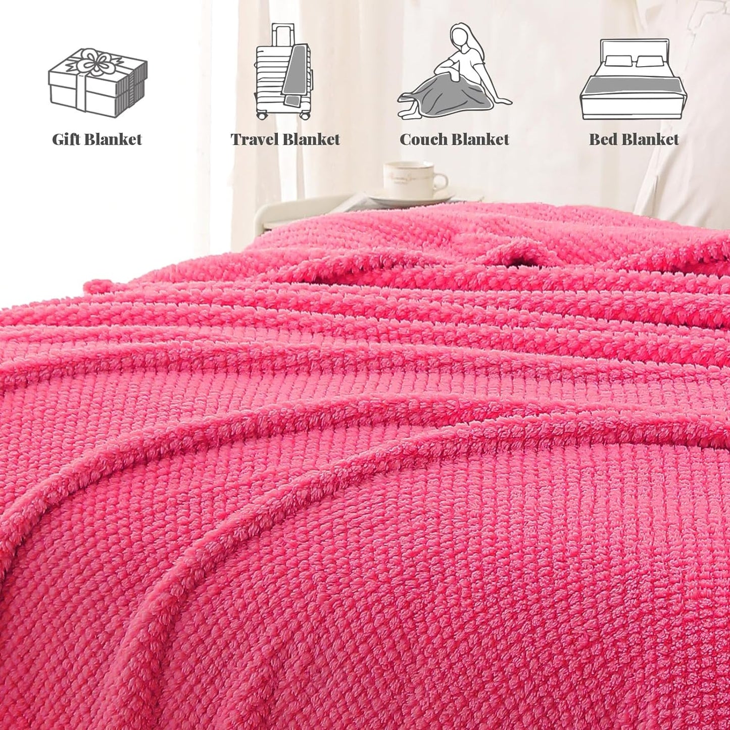 Whale Flotilla Twin Size Fuzzy Fleece Blanket, Fluffy Warm Soft Jacquard Bed Blankets for Fall Winter, Lightweight and Cozy, 60x80 Inch, Hot Pink