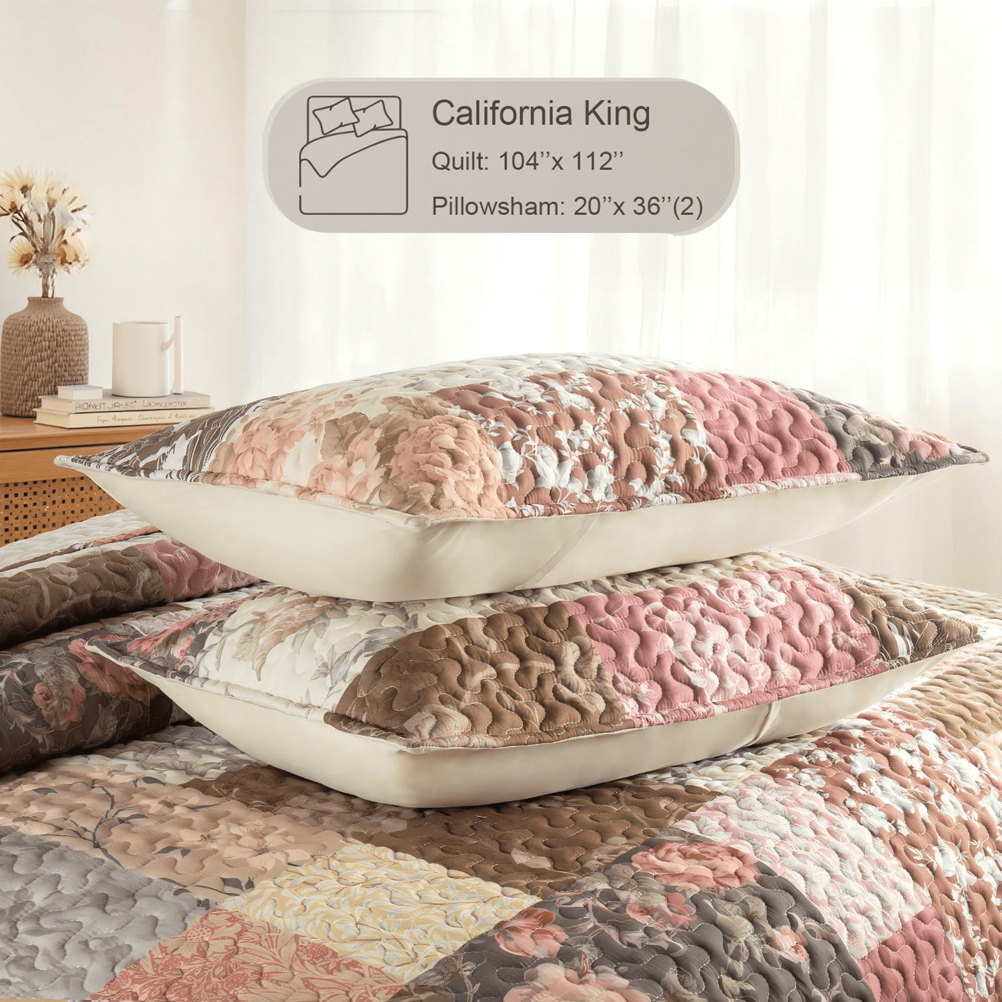 Whale Flotilla Reversible Patchwork Quilts California King Size, Lightweight Boho Printed Bedspreads Coverlets Oversized Quilt Bedding Set with 2 Pillow Shams for All Seasons, Vintage Red Flowers