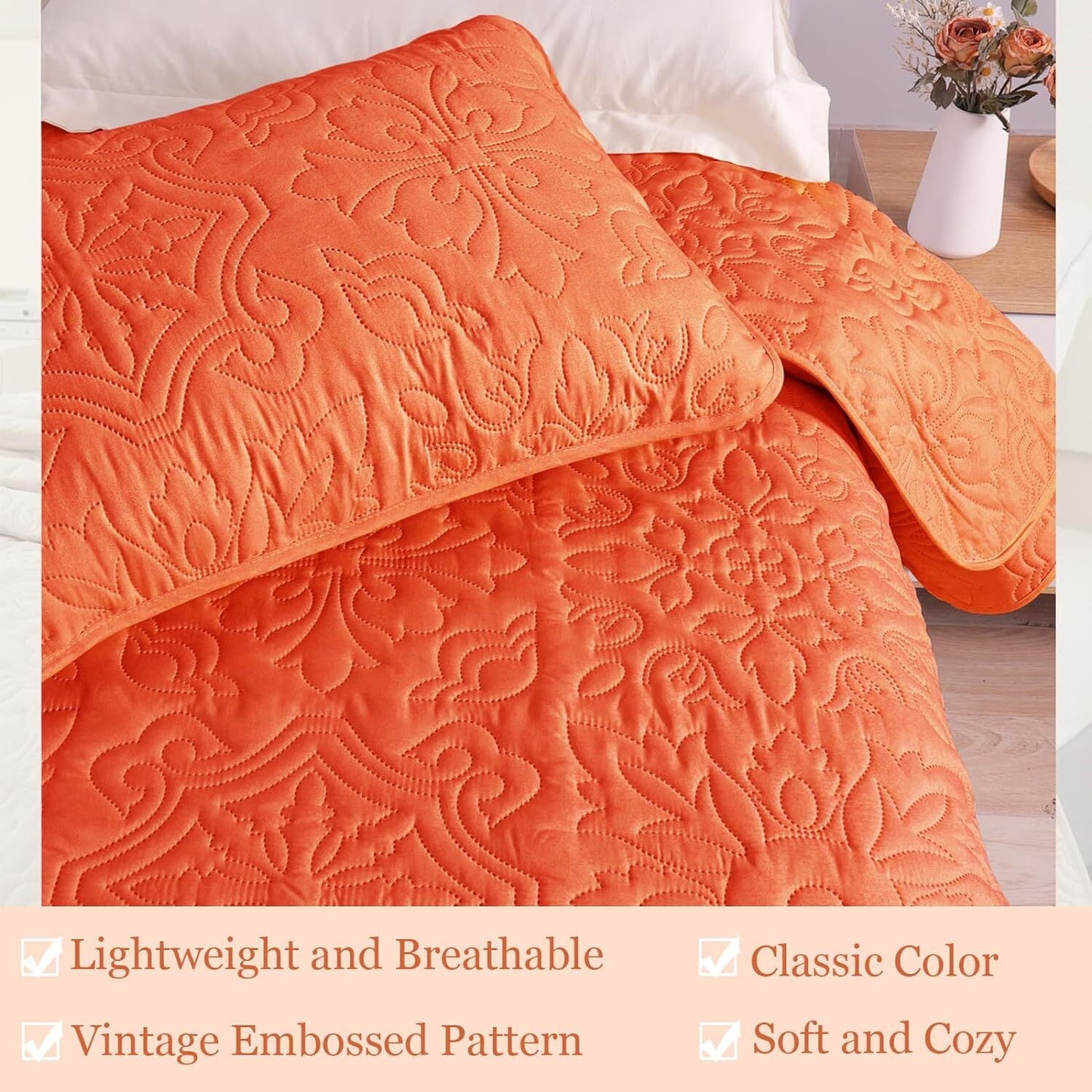 Whale Flotilla 2-Piece Twin Quilt Set, Soft Embossed Bedding Set, Lightweight Bedspread Coverlet with Damask Vintage Pattern, Reversible Bed Cover for All Seasons, Burnt Orange