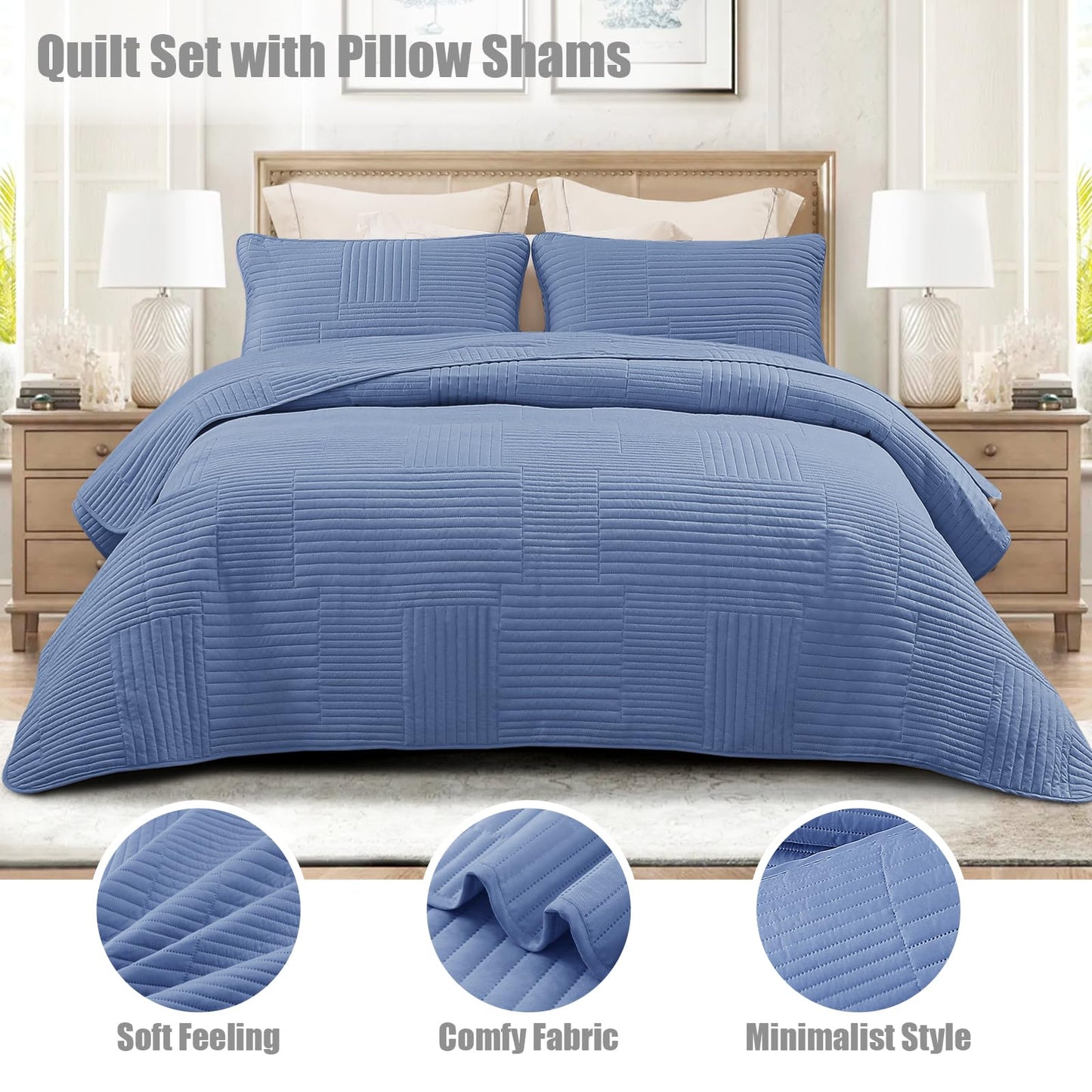 Whale Flotilla Ultra Soft King Quilt Bedding Set, Lightweight Microfiber Bluish Grey Quilts Bedspreads Oversized, 3 Piece Ultrasonic Geometric Coverlet Bed Cover for All Seasons