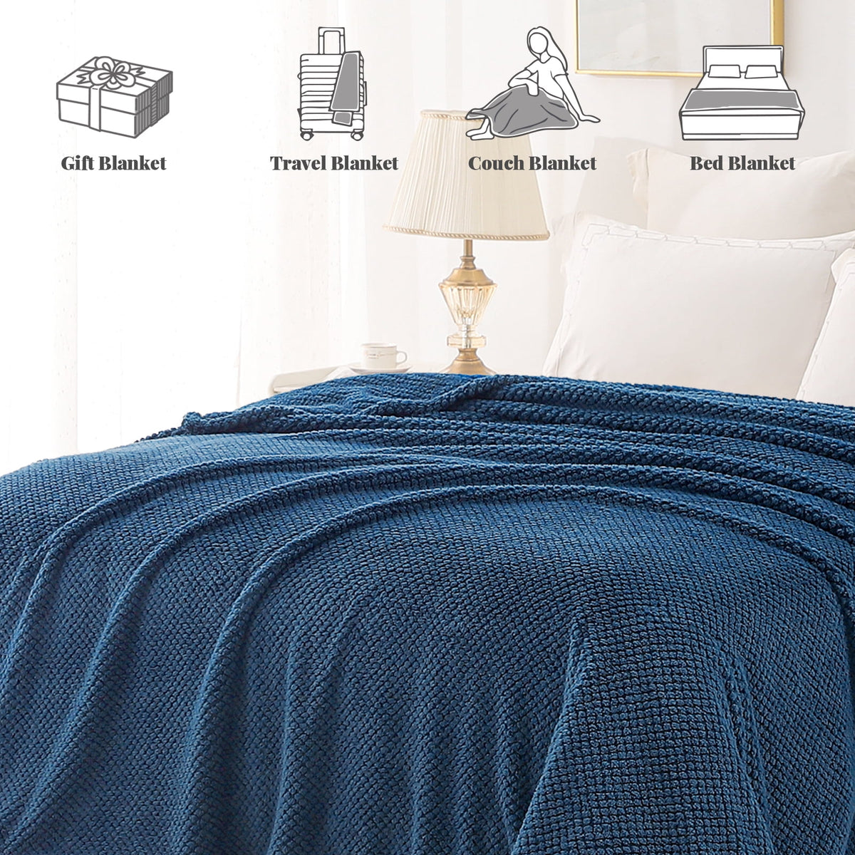 Whale Flotilla Twin Size Fuzzy Fleece Blanket, 60"x80" Fluffy Lightweight Soft Jacquard Bed Blankets for All Seasons, Warm and Cozy, Navy