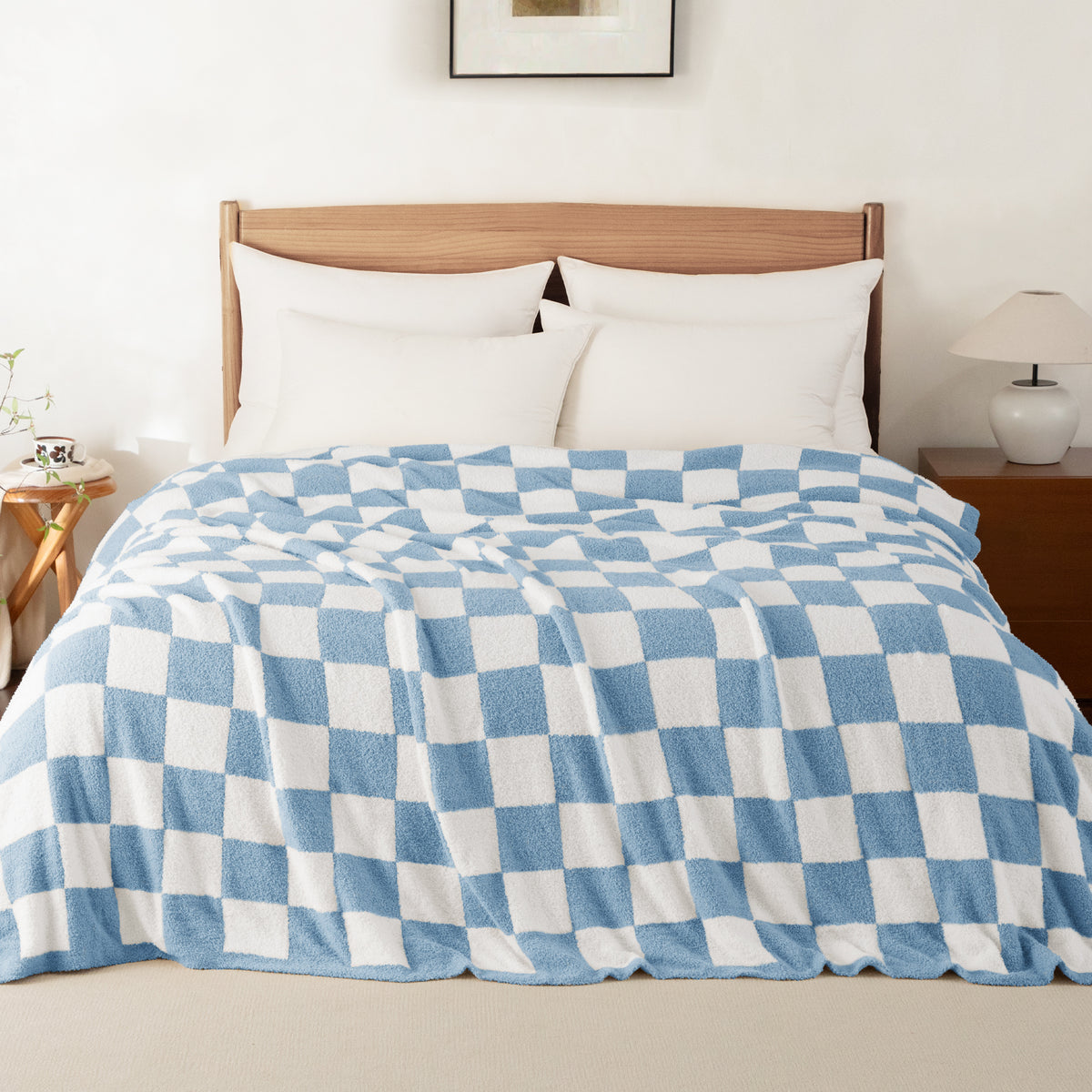 Whale Flotilla Checkered Knit Twin Size Blanket for Bed, Soft Fluffy and Cozy, 60"x80", Light Blue