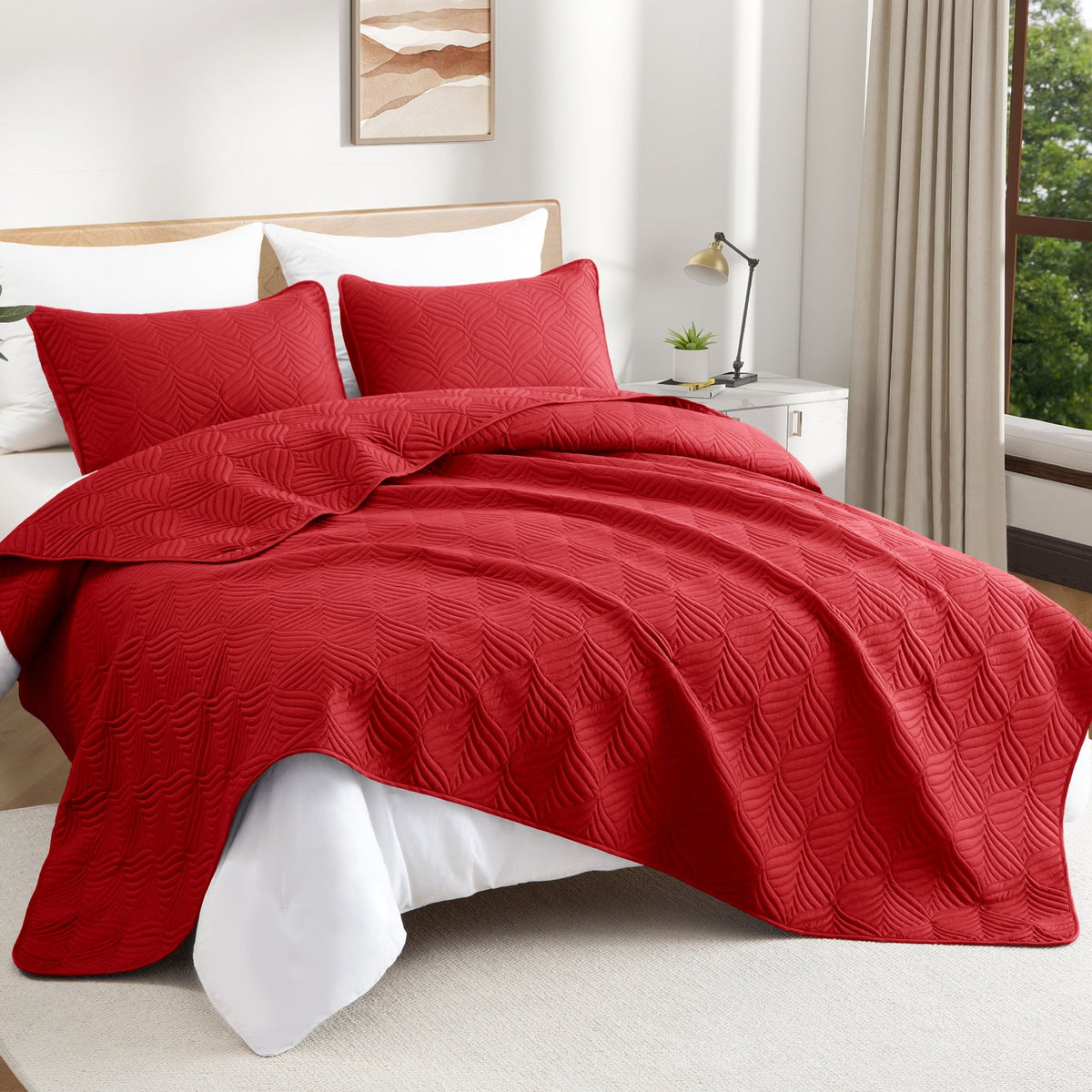 Whale Flotilla California King Size Quilt Set, Soft Ultrasonic 104x112 Inch Bedding Set, Lightweight Bedspread Coverlet with Vintage Pattern, Reversible Bed Cover for All Seasons,Red