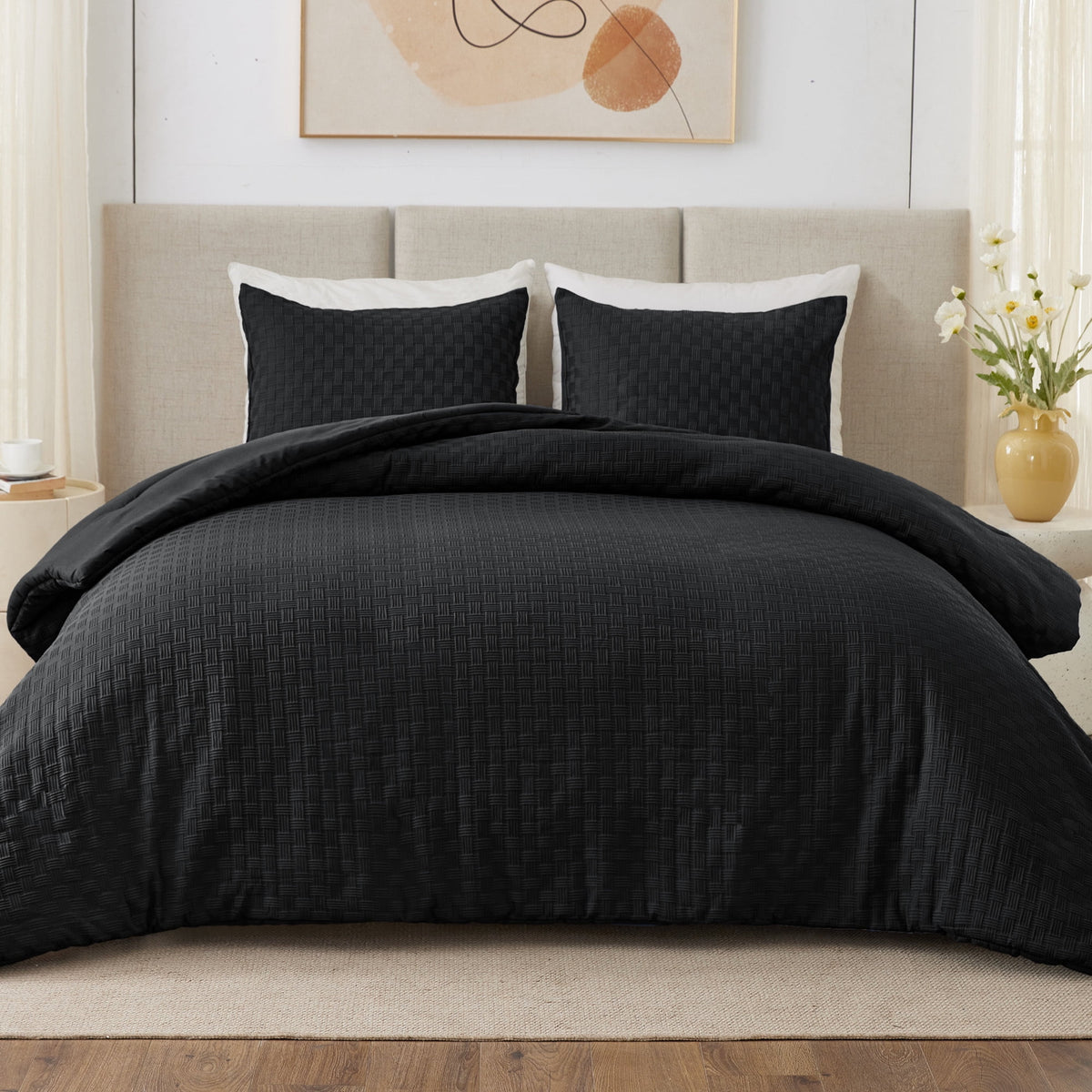 Whale Flotilla 3-Piece Jacquard Braid Ultra Soft Queen Comforter Set, Luxury Reversible Microfiber Comforters Full Size Bedding Set with 2 Pillowcases, Lightweight Duvet for All Seasons, Black