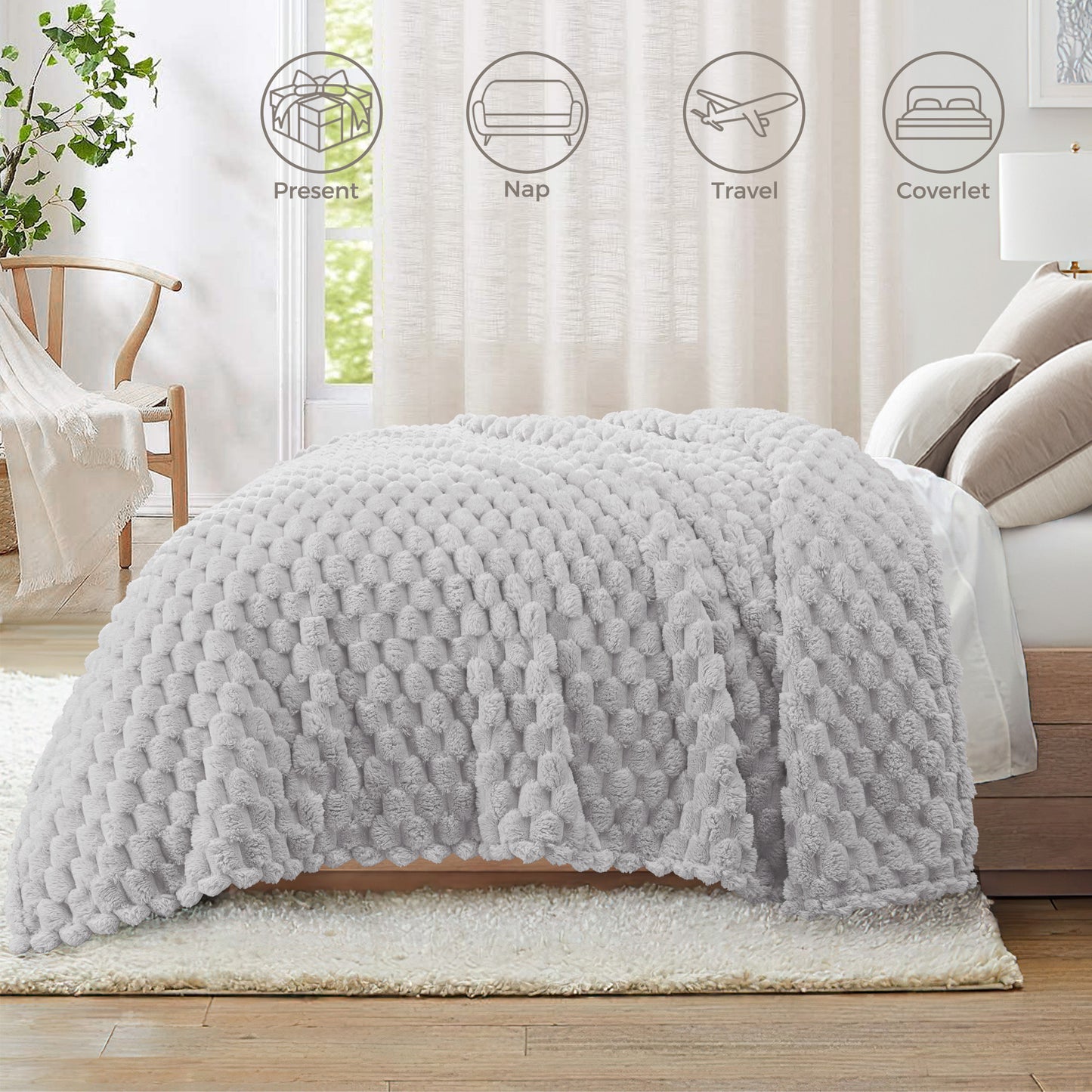 Whale Flotilla Throw Blanket for Couch with Expanded 3D-Jacquard Pattern, Fuzzy Soft Cozy Exquisite Blankets or All Season, Warm and Fluffy, 50x60 Inch,Light Grey