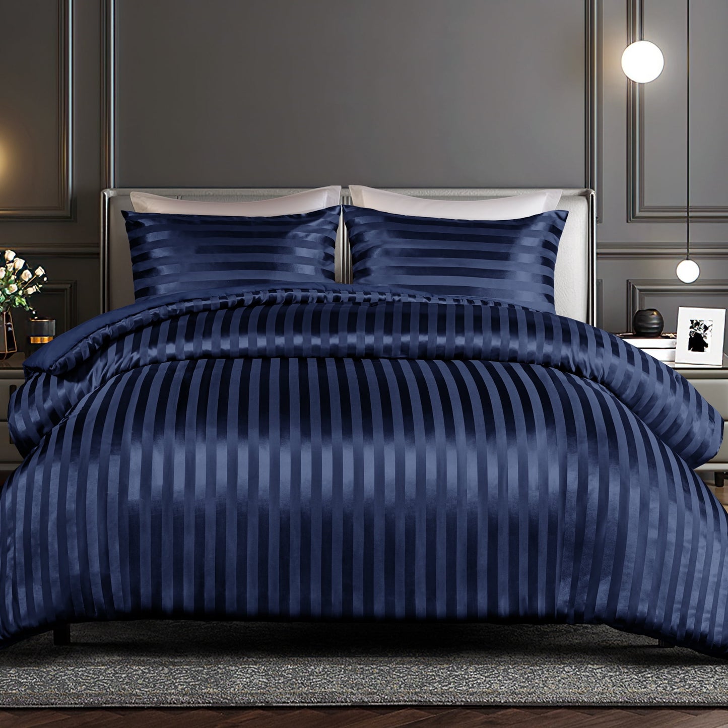 Whale Flotilla 3-Piece Reversible Silky Soft King Size Comforter Set, Luxury Stripe Satin Oversized Comforter Bedding Set with 2 Satin Pillowcases, Lightweight Duvet for All Seasons, Navy