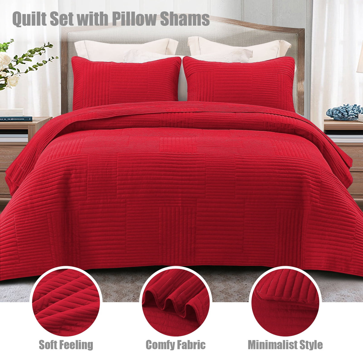 Whale Flotilla King Quilt Set, Soft and Lightweight Bedspreads Coverlet with Striped Pattern, Reversible Bedding Sets with Pillow Shams, 96x104 Inches, Red
