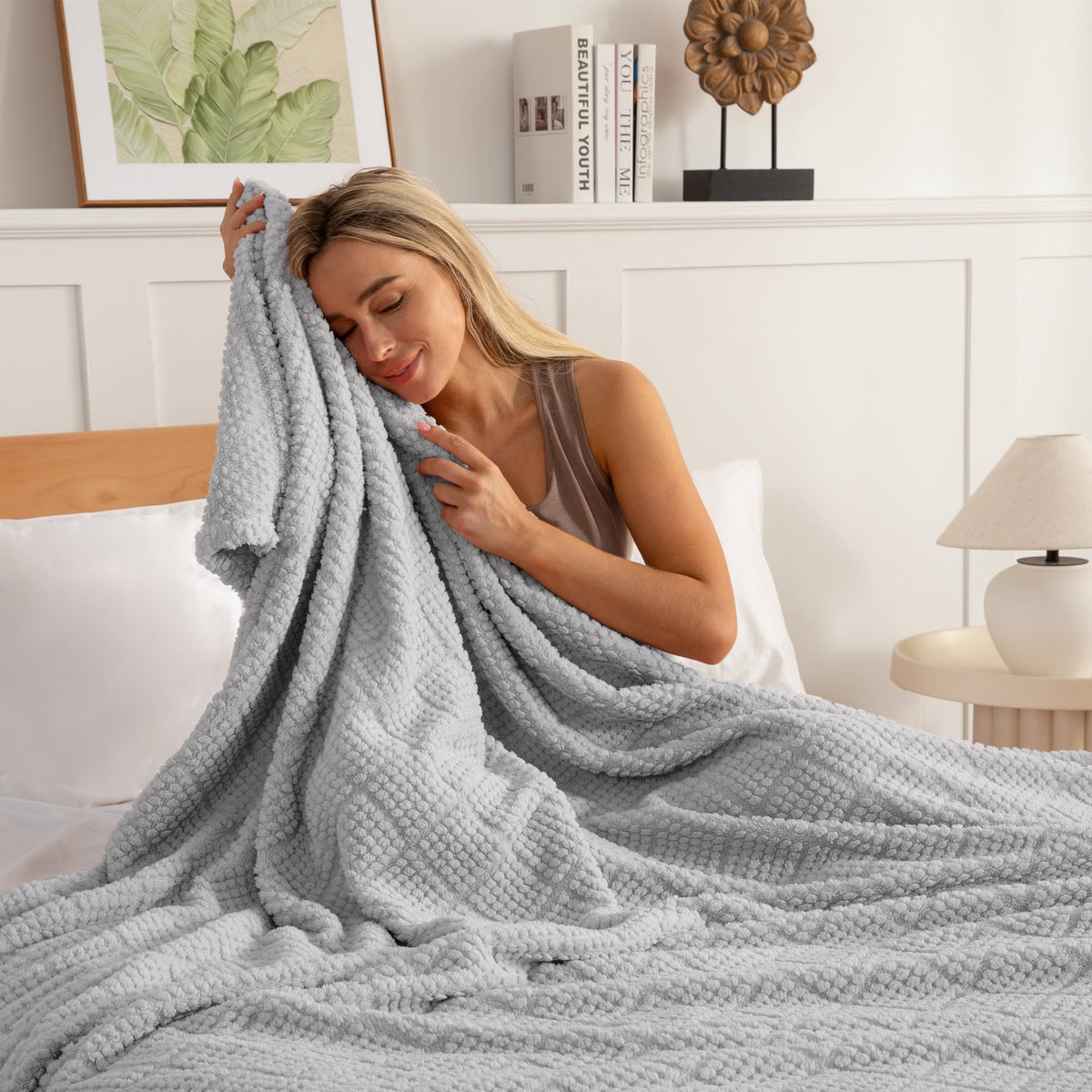 Whale Flotilla Fuzzy Fleece Queen Size Blanket for Bed, Soft Fluffy Jacquard Waffle Blankets for All Season, Lightweight and Warm, 90x90 Inch, Light Grey
