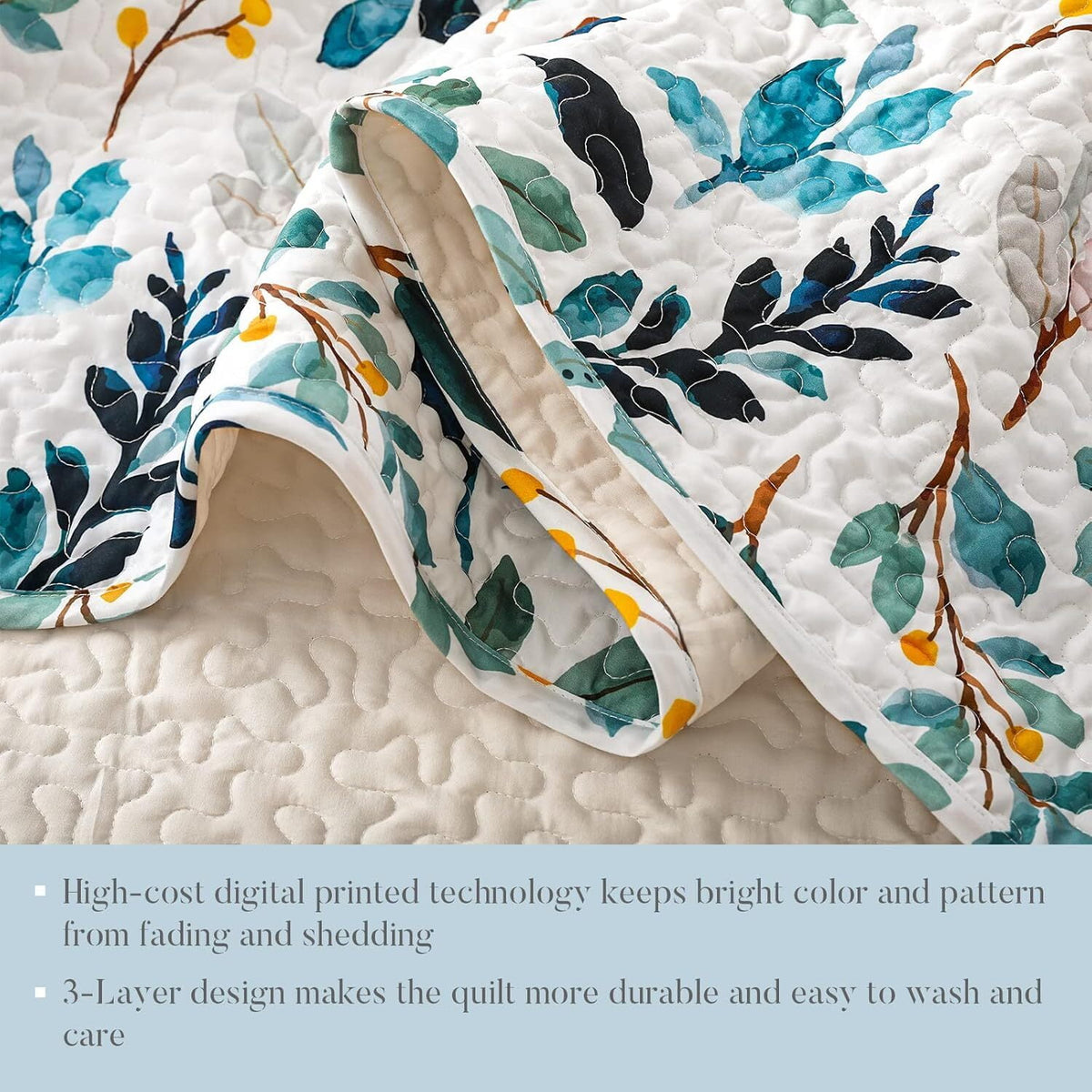 Whale Flotilla Reversible Floral Quilt Set King Size, Lightweight Boho Printed Bedspreads Coverlets Quilts Bedding Set with 2 Pillow Shams for All Seasons, White/Navy