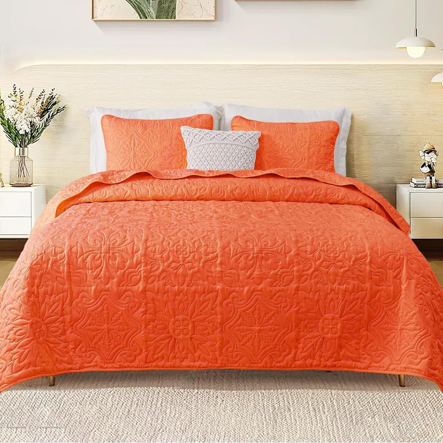 Whale Flotilla 2-Piece Twin Quilt Set, Soft Embossed Bedding Set, Lightweight Bedspread Coverlet with Damask Vintage Pattern, Reversible Bed Cover for All Seasons, Burnt Orange