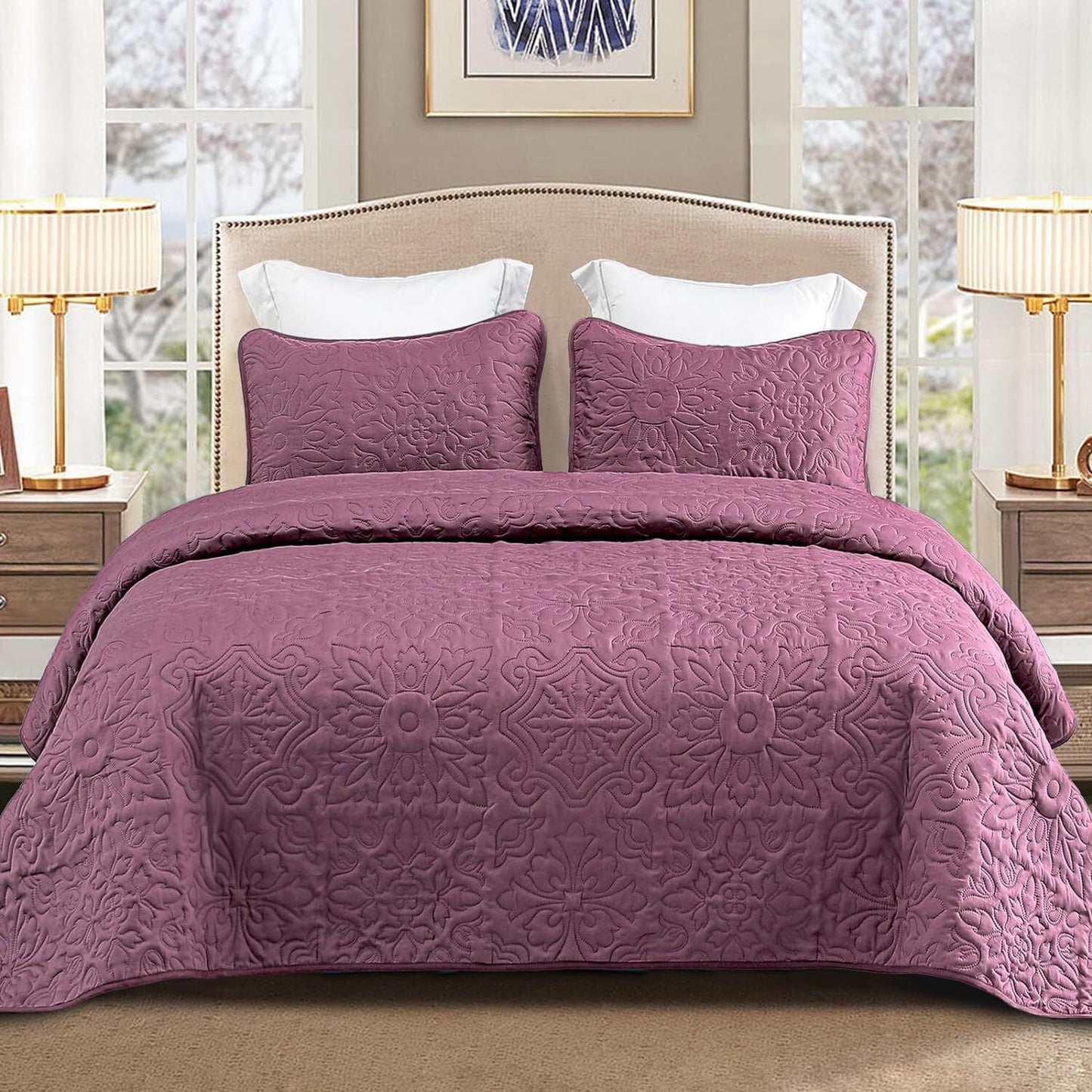 Whale Flotilla 2-Piece Twin Quilt Set, Soft Embossed Bedding Set, Lightweight Bedspread Coverlet with Damask Vintage Pattern, Reversible Bed Cover for All Seasons, Dusty Lavender