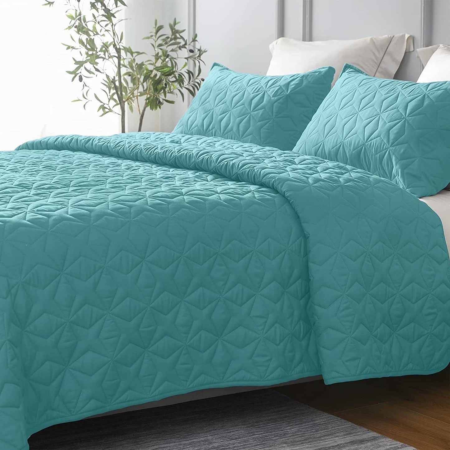 Whale Flotilla Quilt Set Twin Size, Soft Microfiber Lightweight Bedspread Coverlet Bed Cover (Star Pattern) for All Seasons, Turquoise, 3 Pieces (Includes 1 Quilt, 2 Shams)