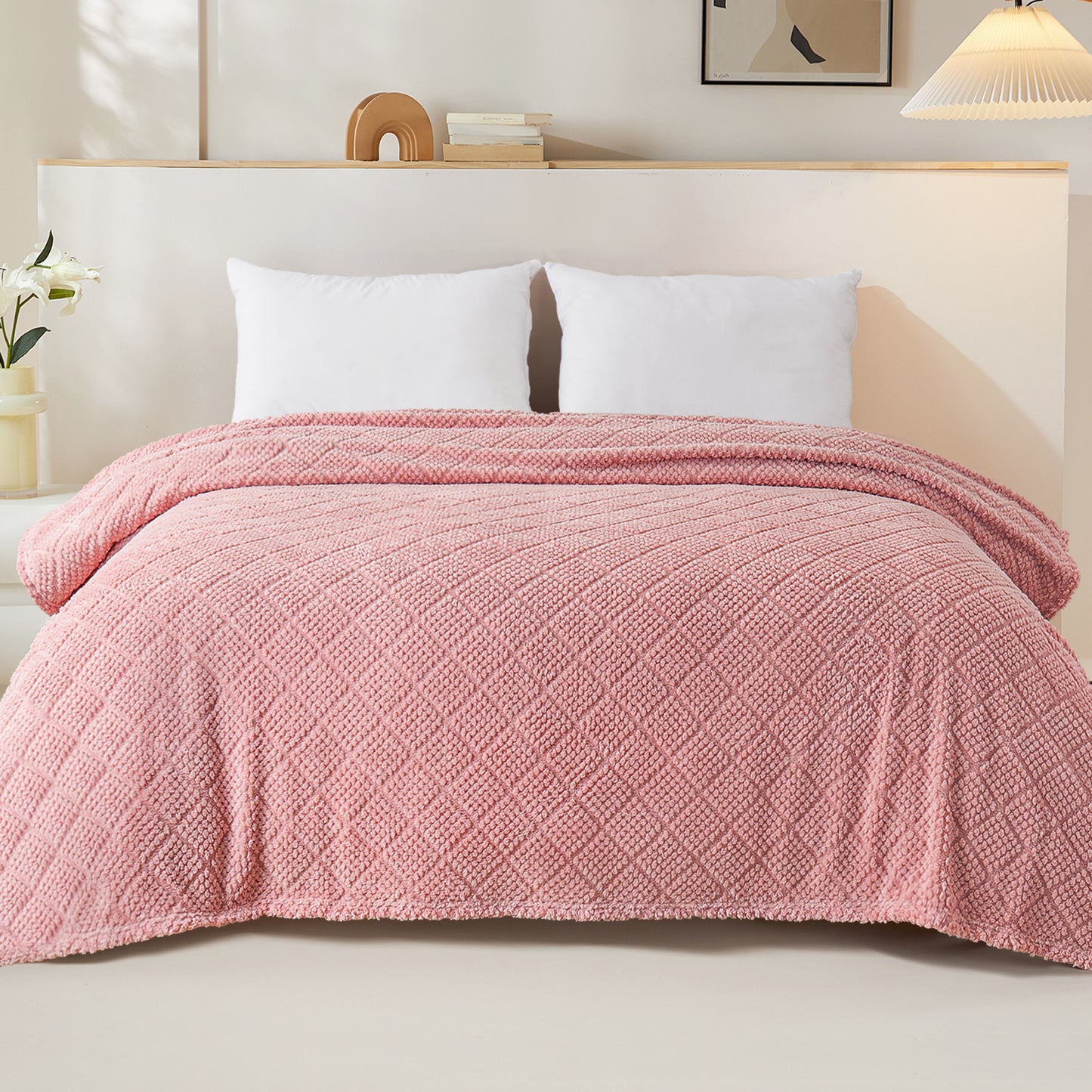 Whale Flotilla Fuzzy Fleece Twin Size Blanket for Bed, Soft Fluffy Jacquard Waffle Blankets for All Season, Lightweight and Warm, 60x80 Inch, Pink