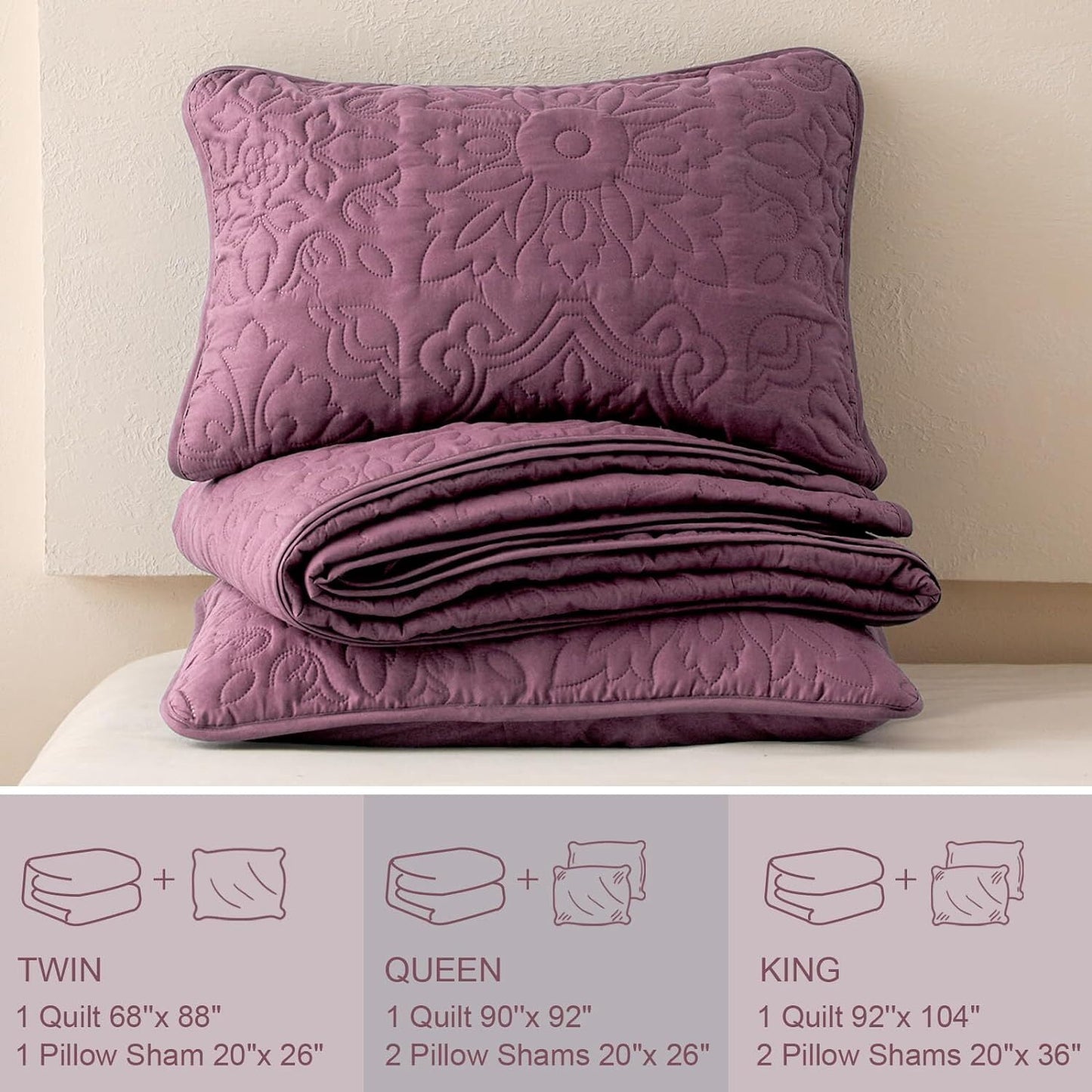 Whale Flotilla 2-Piece Twin Quilt Set, Soft Embossed Bedding Set, Lightweight Bedspread Coverlet with Damask Vintage Pattern, Reversible Bed Cover for All Seasons, Dusty Lavender