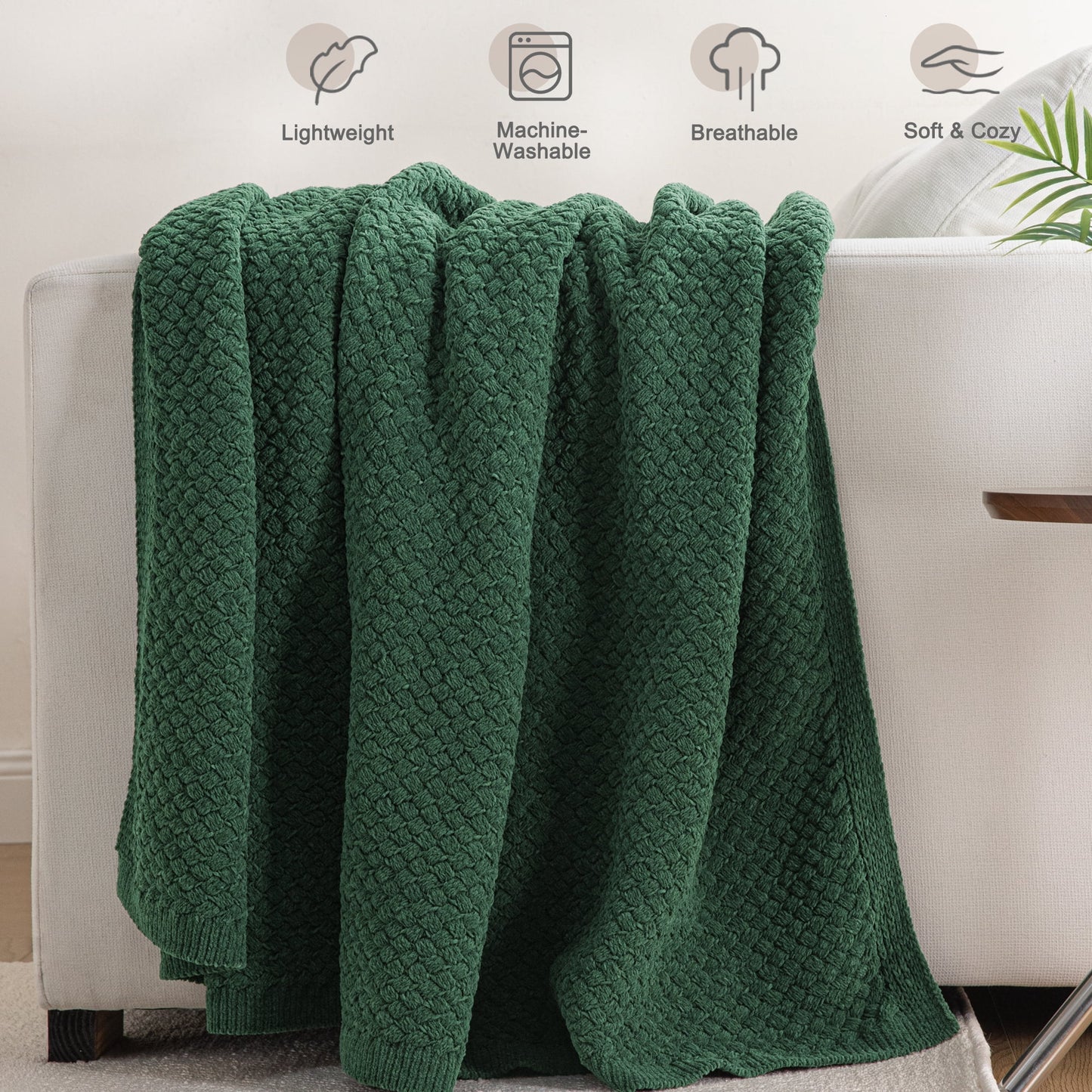 Whale Flotilla Knit Chenille Throw Blanket for Couch, Sofa, Bed, Soft Fuzzy Warm and Chunky, 50"x60", Deep Green