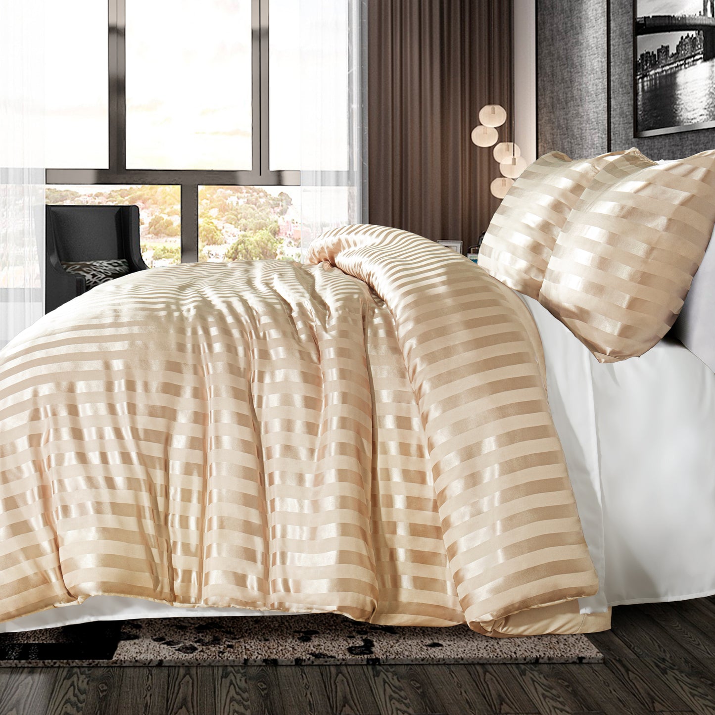 Whale Flotilla 3-Piece Reversible Silky Soft King Size Comforter Set, Luxury Stripe Satin Oversized Comforter Bedding Set with 2 Satin Pillowcases, Lightweight Duvet for All Seasons, Champagne