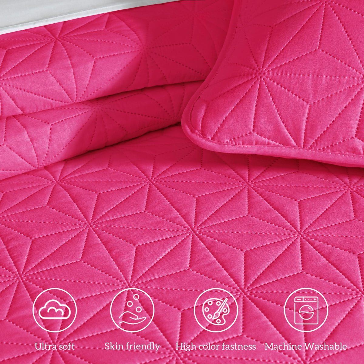 Whale Flotilla Microfiber California King 104"x 112" Quilt Set Lightweight Quilted Bedspreads Coverlets Set with Stars Pattern, Hot Pink