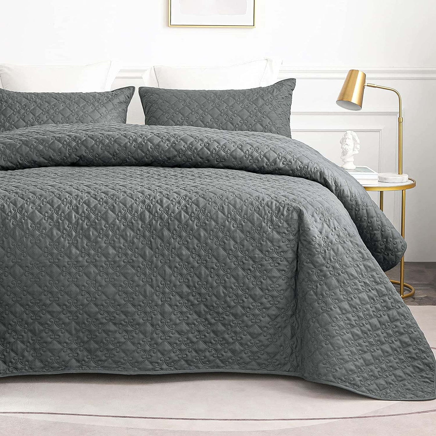 Whale Flotilla Quilt Set Twin Size, Soft Microfiber Lightweight Bedspread Coverlet Bed Cover (Diamond Pattern) for All Seasons, Dark Grey, 2 Pieces (Includes 1 Quilt, 1 Sham)