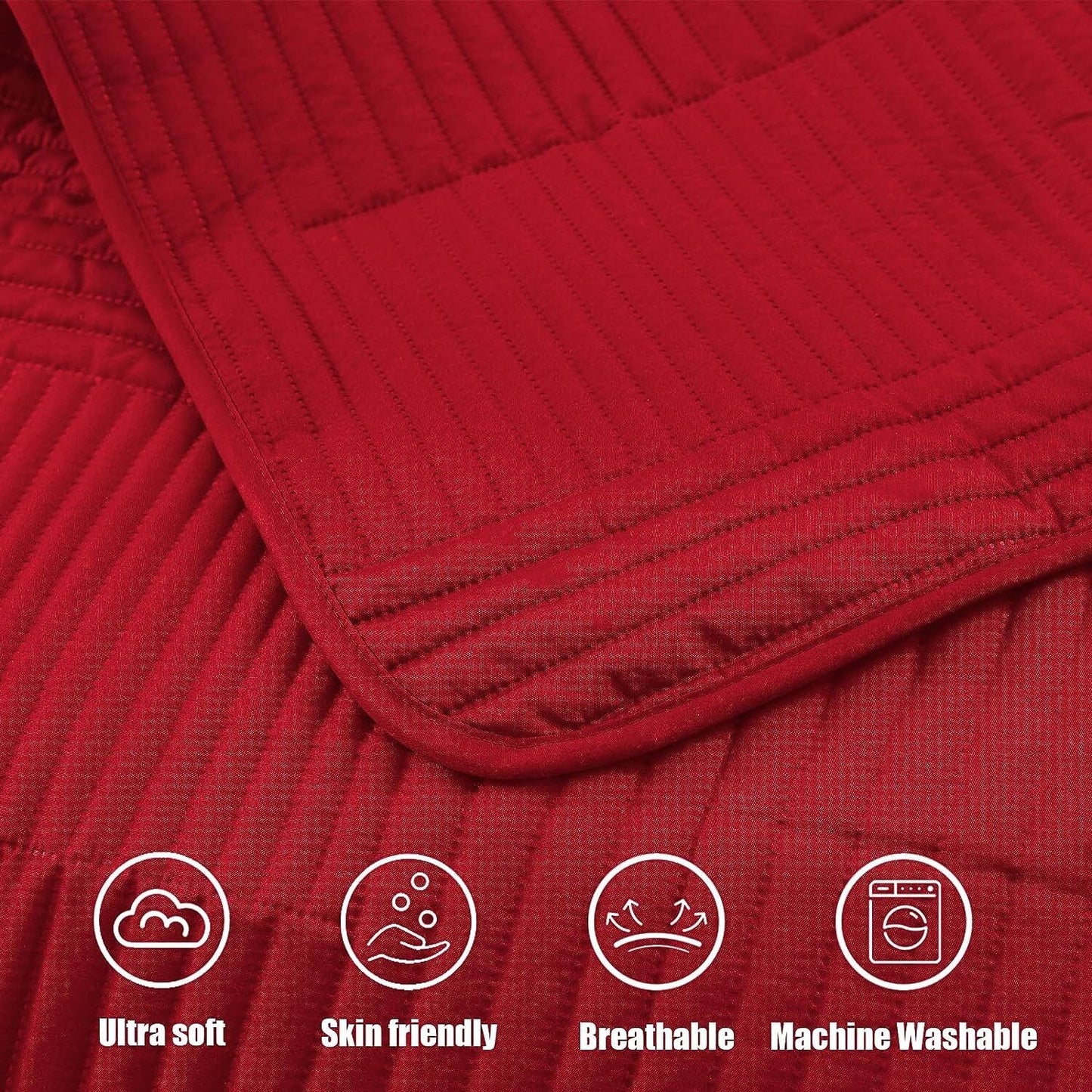 Whale Flotilla Twin Quilt Set, Soft and Lightweight Bedspreads Coverlet with Striped Pattern, Bedding Sets with Pillow Sham, Reversible Bed Cover for All Seasons, 68x88 Inches, Red Grid