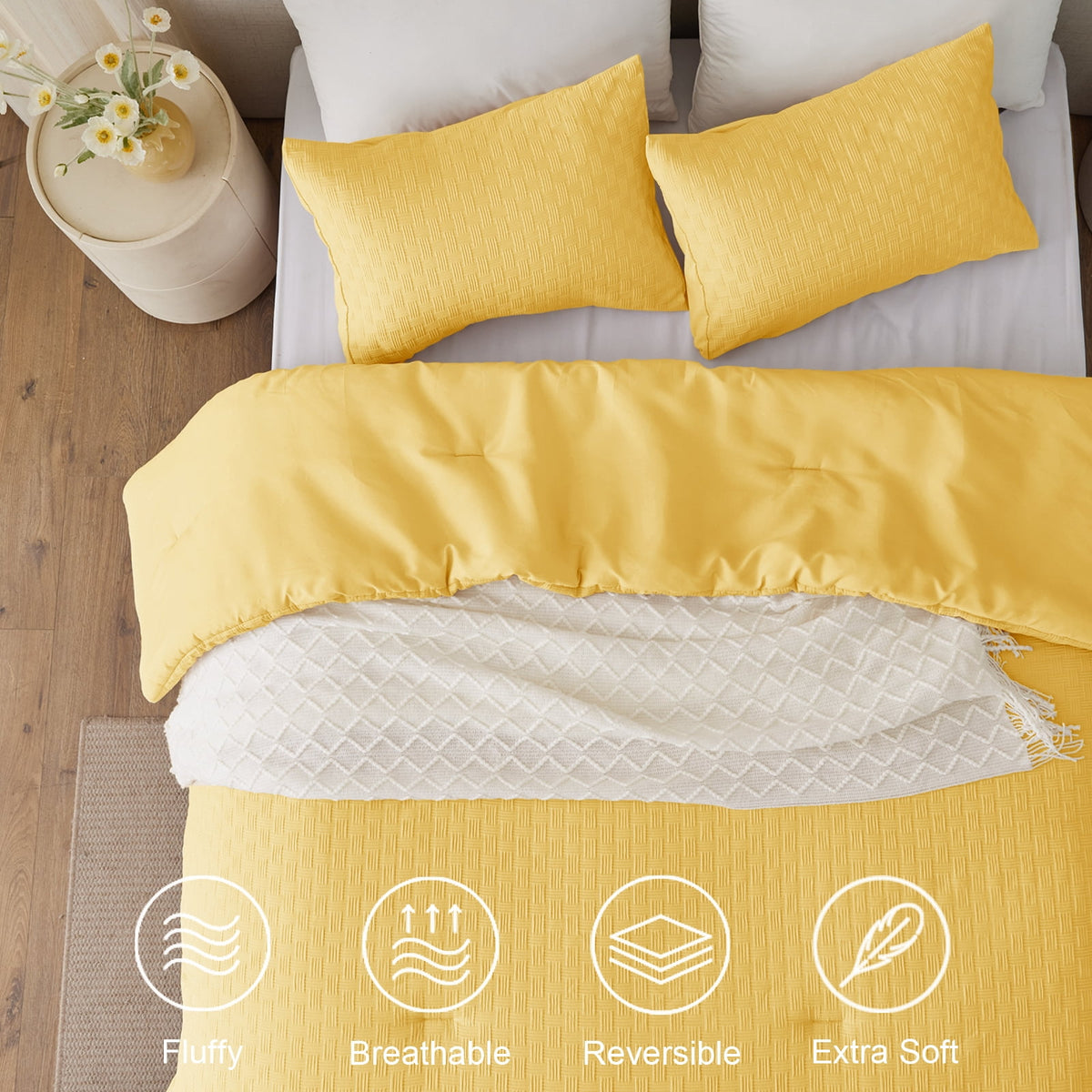 Whale Flotilla 3-Piece Jacquard Braid Ultra Soft Queen Comforter Set, Luxury Reversible Microfiber Comforters Full Size Bedding Set with 2 Pillowcases, Lightweight Duvet for All Seasons, Yellow