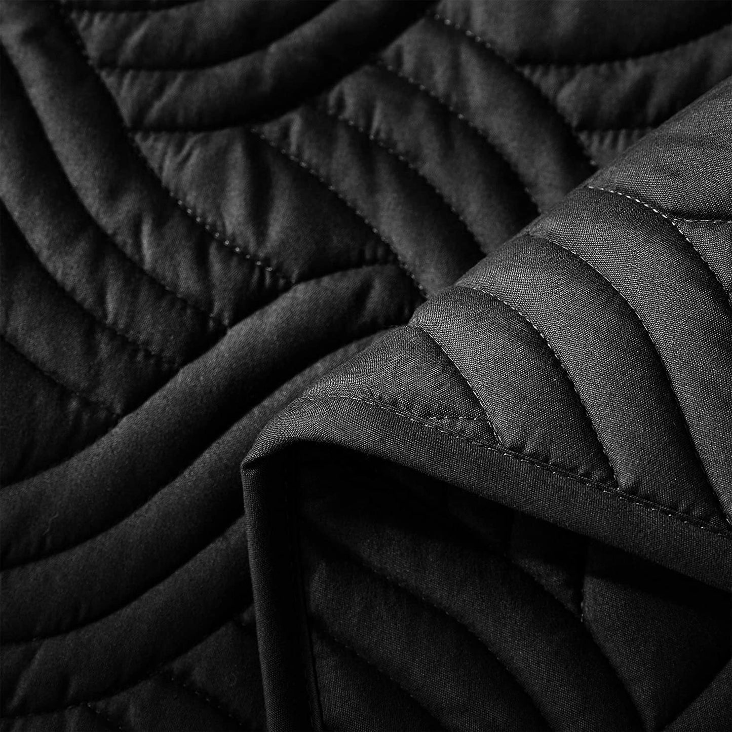 Whale Flotilla 3 Pieces Quilt Set King Size, Soft Microfiber Lightweight Bedspread Coverlet Bed Cover (Wave Pattern) for All Seasons, Black