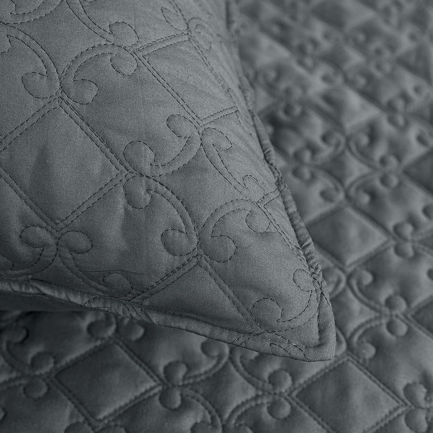 Whale Flotilla Quilt Set Twin Size, Soft Microfiber Lightweight Bedspread Coverlet Bed Cover (Diamond Pattern) for All Seasons, Dark Grey, 2 Pieces (Includes 1 Quilt, 1 Sham)