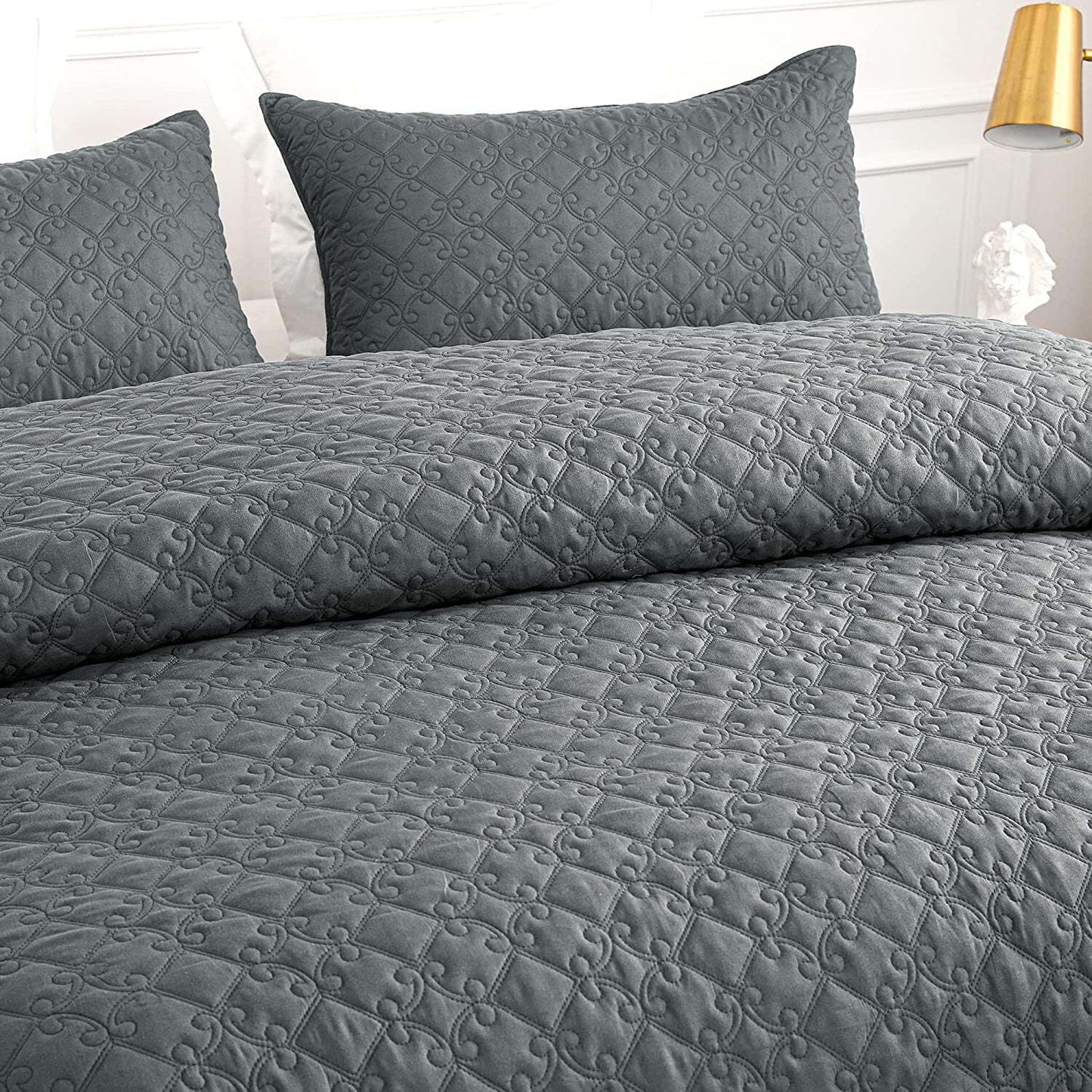 Whale Flotilla Quilt Set Twin Size, Soft Microfiber Lightweight Bedspread Coverlet Bed Cover (Diamond Pattern) for All Seasons, Dark Grey, 2 Pieces (Includes 1 Quilt, 1 Sham)