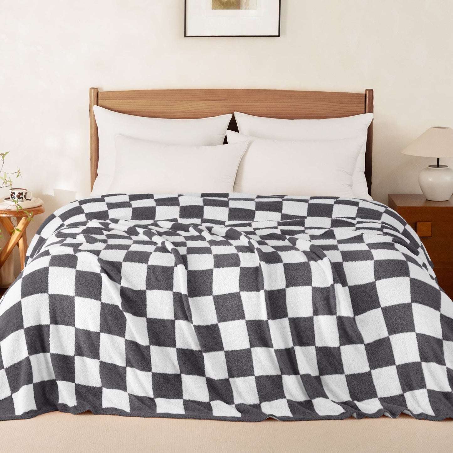 Whale Flotilla Checkered Knit Queen Size Blanket for Bed, Soft Fluffy and Cozy, 90"x90", Grey