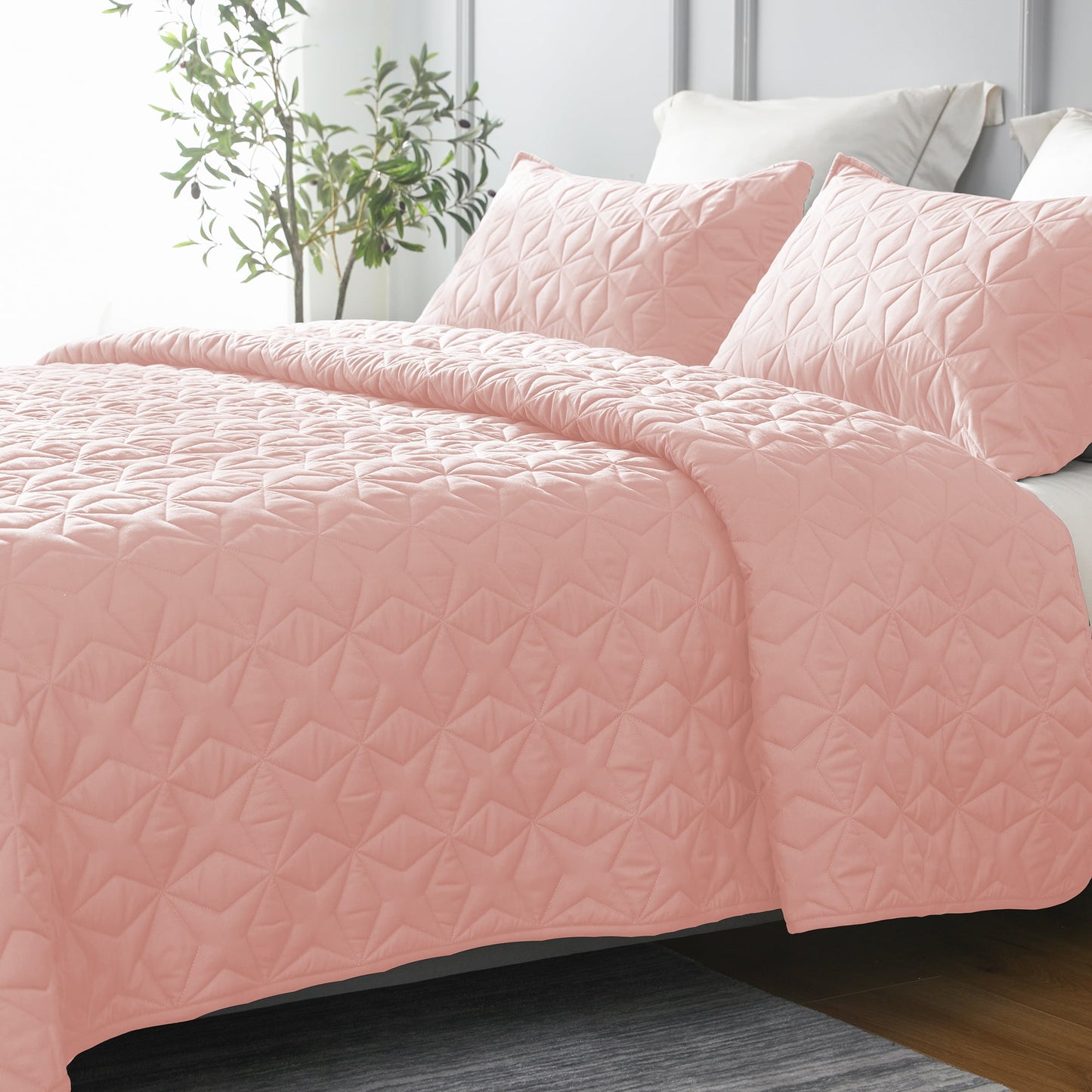 Whale Flotilla Quilt Set Twin Size, Soft Microfiber Lightweight Bedspread Coverlet Bed Cover (Star Pattern) for All Seasons, Pink, 2 Pieces (Includes 1 Quilt, 1 Sham)?-